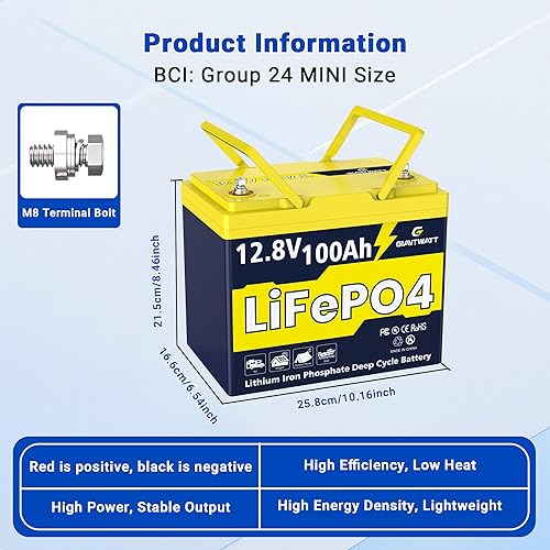 Miniatura 8 de Batería LiFePO4 de 12 V 100 Ah, celda de grado A+ integrada 100A Smart BMS, grupo 24, batería de litio de ciclo profundo 15000 para Rv, motor de