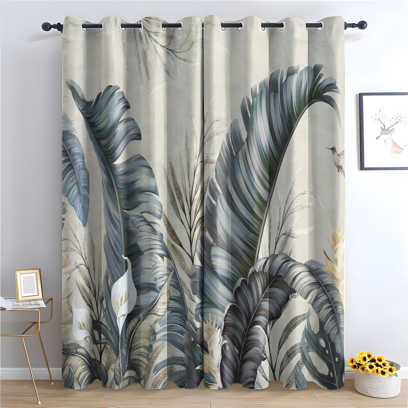 KaiHeBeding Tropical Plants Blackout Curtains for Bedroom - Tropical Foliage Living Room Curtains 90x108 Eyelet - Soft Thermal Insulated Patterned Drapes for Windows - 2 Panels