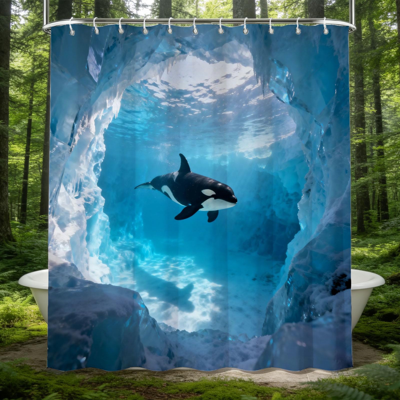 Hongduo 3D Orca Shower Curtain for Stalls Bathtubs Ocean Blue Bathroom Decor Shower Curtain Set Polyester Fabric Waterproof 120x180cm/48X71 Inch with Hooks