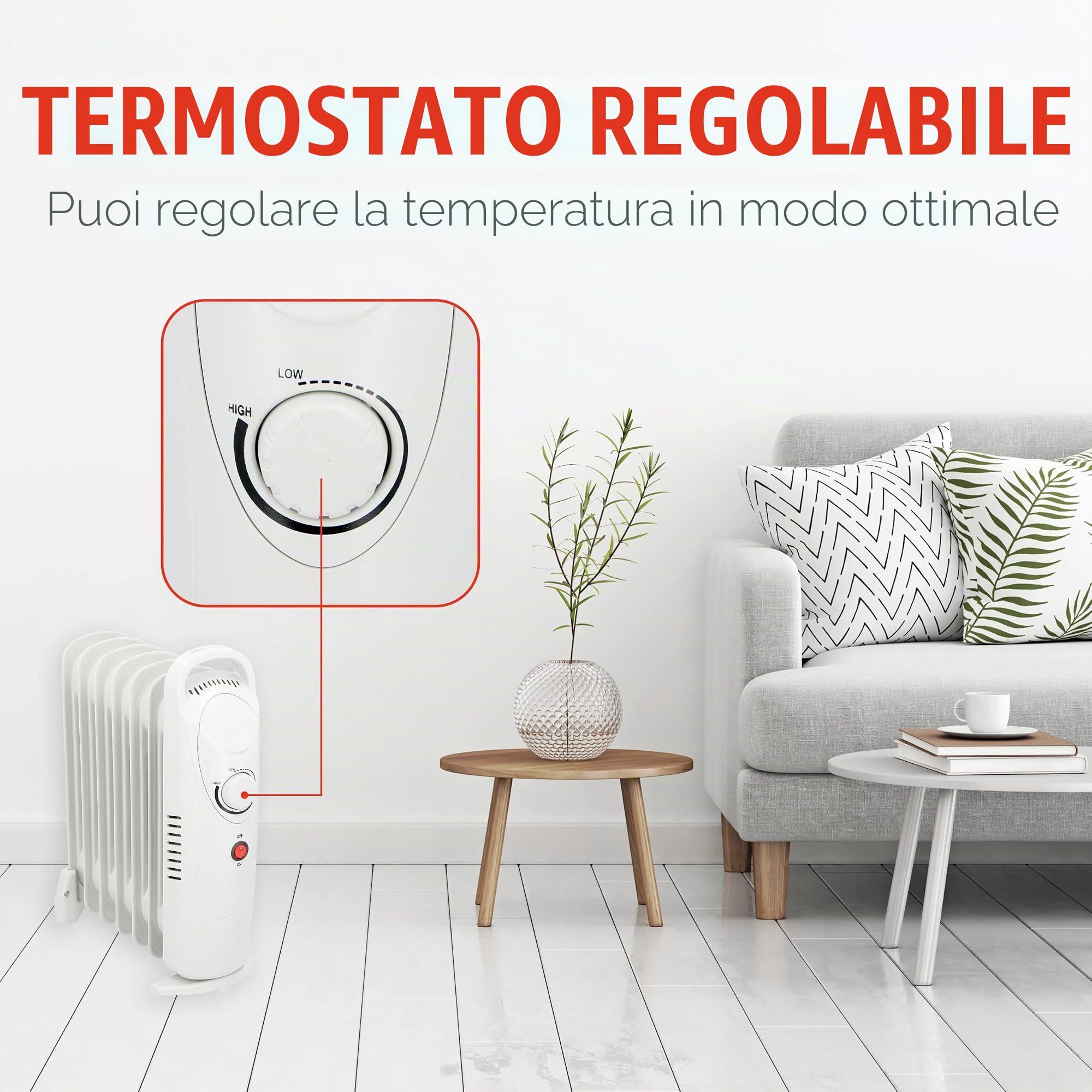 alpina Radiatore a olio 850 W, 7 elementi, termostato meccanico, riscaldamento elettrico a risparmio energetico, regolatore di potenza a basso consumo energetico, compatto e portatile, bianco, normale