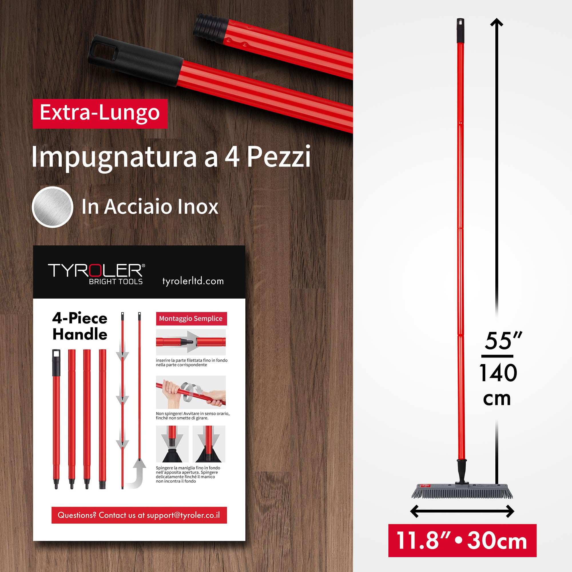 Tyroler Scopa in Silicone per Pavimenti Giapponese | Testa di 30 cm per Scopa Silicone Pavimenti | Manico Antiruggine di 140 cm in Acciaio Inox e Resistente alla Ruggine