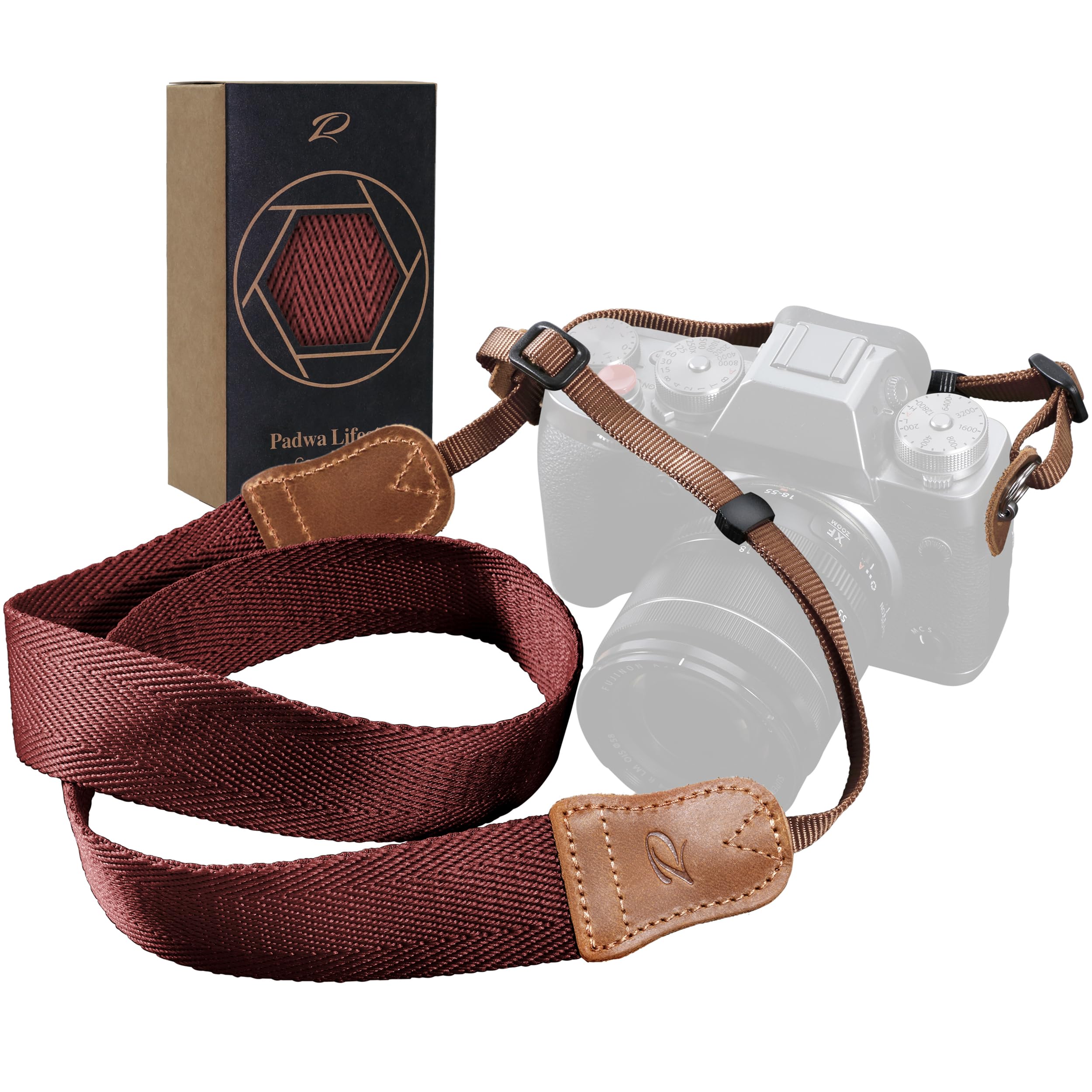 Padwa Lifestyle Burgundy Red Camera Strap -1.5" Wide Crazy Horse Cowhide Ends Camera Straps for All DSLR Cameras,Universal Adjustable Pure Cotton