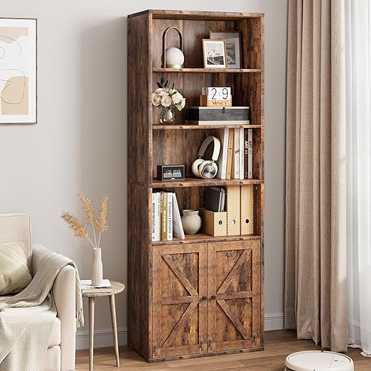IDEALHOUSE Bookcase with Doors Industrial Bookshelf 11.8in Depth Display Storage Shelves 71.4in Tall Farmhouse Bookcases Wooden 6 Shelf Bookshelvels for Bedroom, Living Room, Home Office