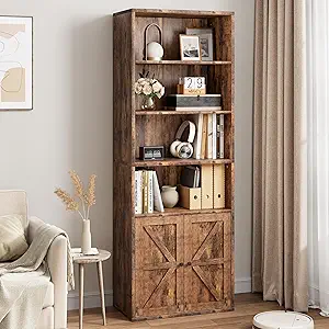 IDEALHOUSE Bookcase with Doors Industrial Bookshelf 11.8in Depth Display Storage Shelves 71.4in Tall Farmhouse Bookcases Wooden 6 Shelf Bookshelvels for Bedroom, Living Room, Home Office