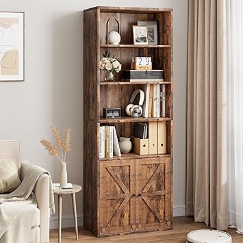 IDEALHOUSE Bookcase with Doors Industrial Bookshelf 11.8in Depth Display Storage Shelves 71.4in Tall Farmhouse Bookcases Wooden 6 Shelf Bookshelvels for Bedroom, Living Room, Home Office
