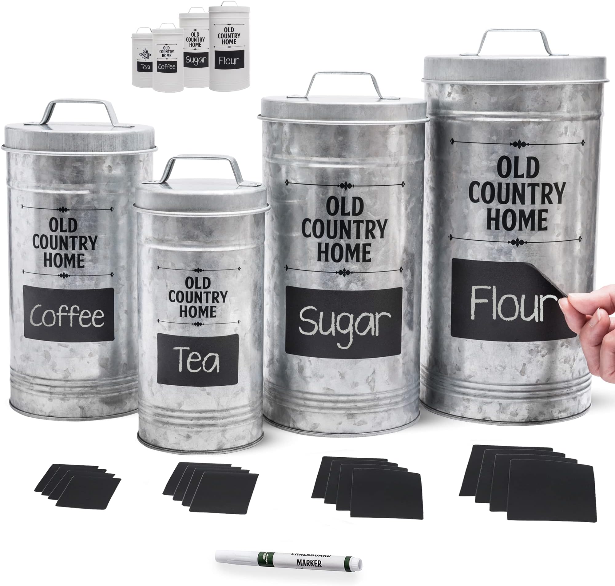 Saratoga Home Farmhouse Canister Set for Kitchen Coffee Tea Sugar Container Set with Labels & Marker, 4 Airtight Galvanized Rustic Tin Metal Flour Sugar Canisters Sets for Kitchen Counter, Silver