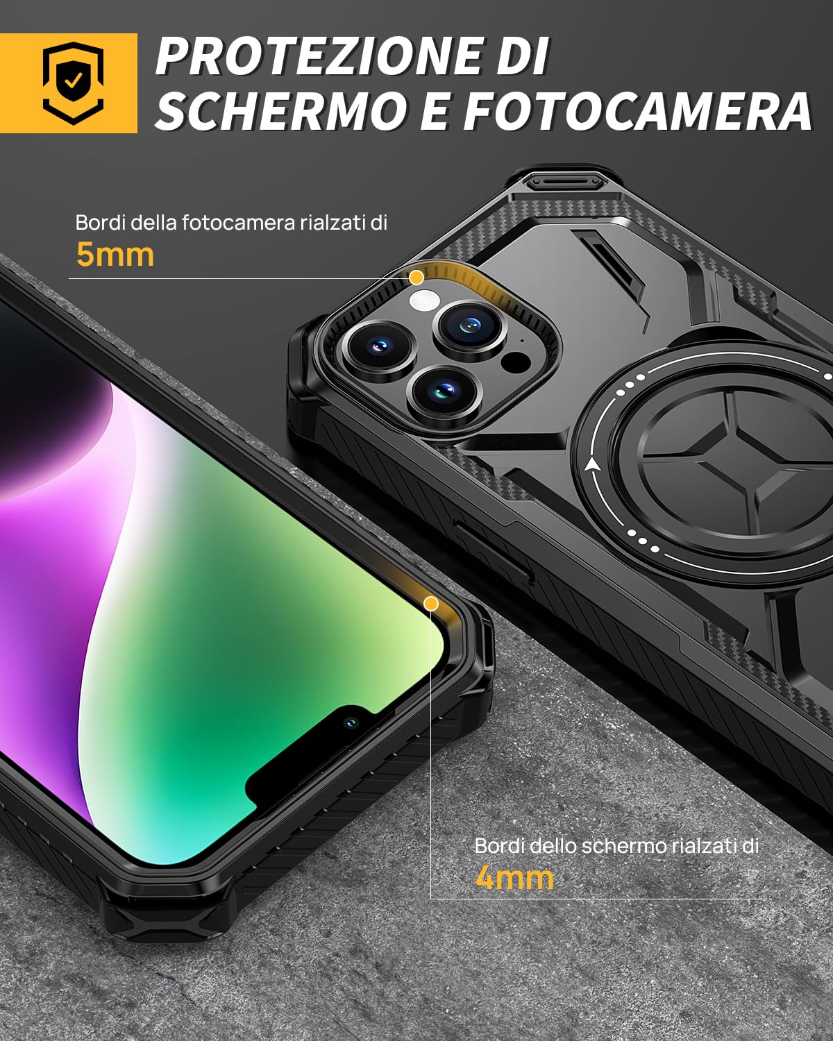 Lanhiem Cover per iPhone14 PRO con 2 Pezzi Vetro Temperato, 6FT Antiurto Anticaduta Militare,Supporto Magnetico Anello a 360° Protezione Armor Protezione, Custodia per iPhone 14 PRO, Nero