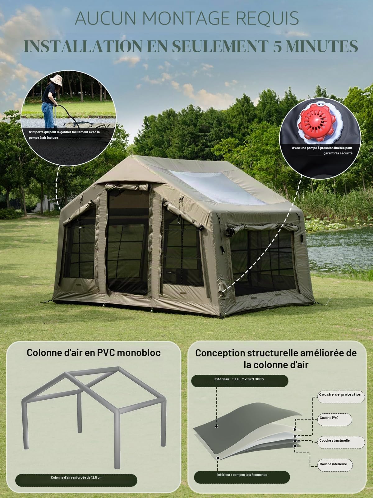 TOMOUNT Grande tente gonflable pour 6 personnes, 300D imperméable en polyester avec sac de rangement et pompe à air, tente de camping pour l'extérieur, le camping, la randonnée