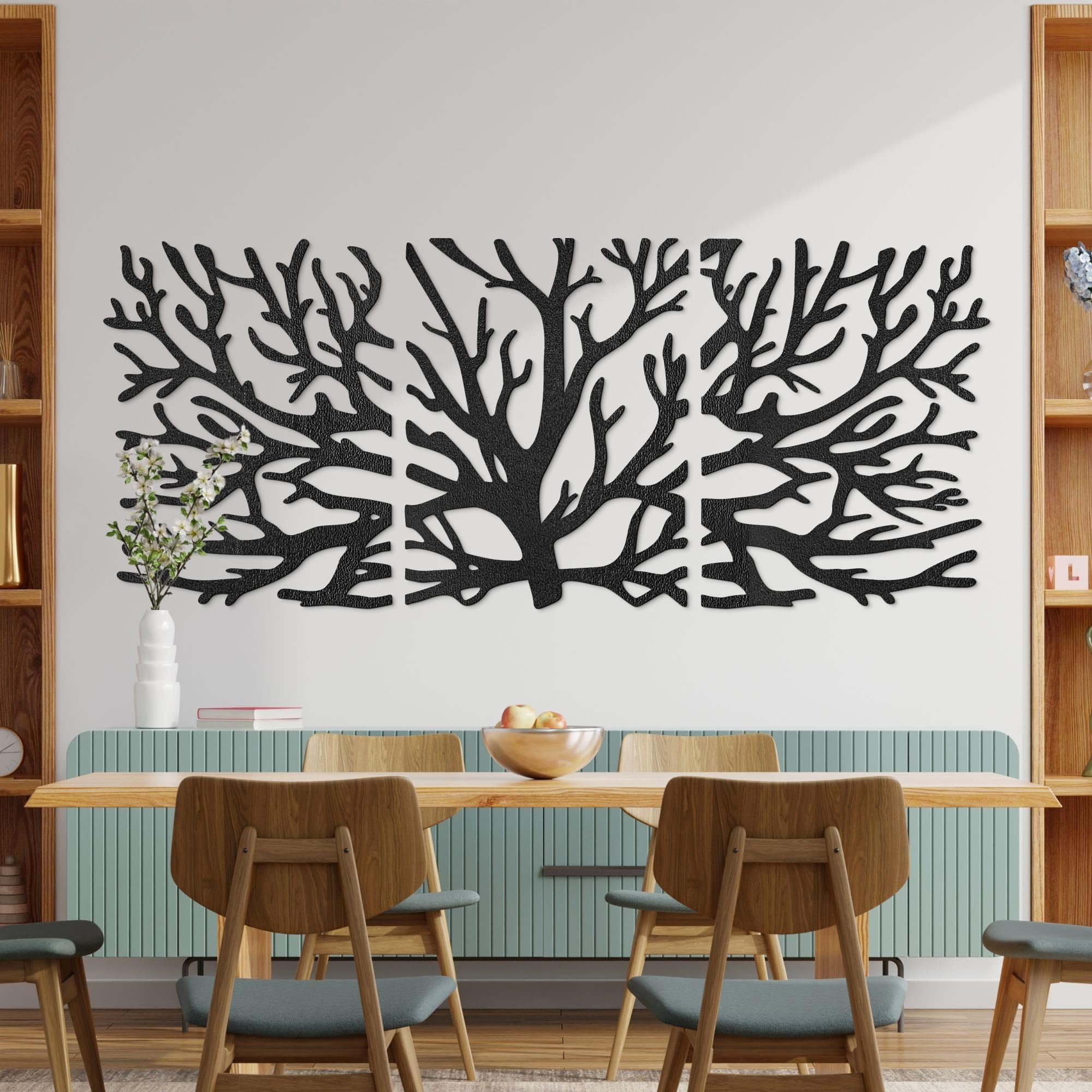 SENTOP HDF0502 Decorazione da parete in legno – Rami, decorazione a parete con 3 pannelli in legno, decorazione naturale in legno per soggiorno, camera da letto e ufficio (80 x 32 cm, nero)