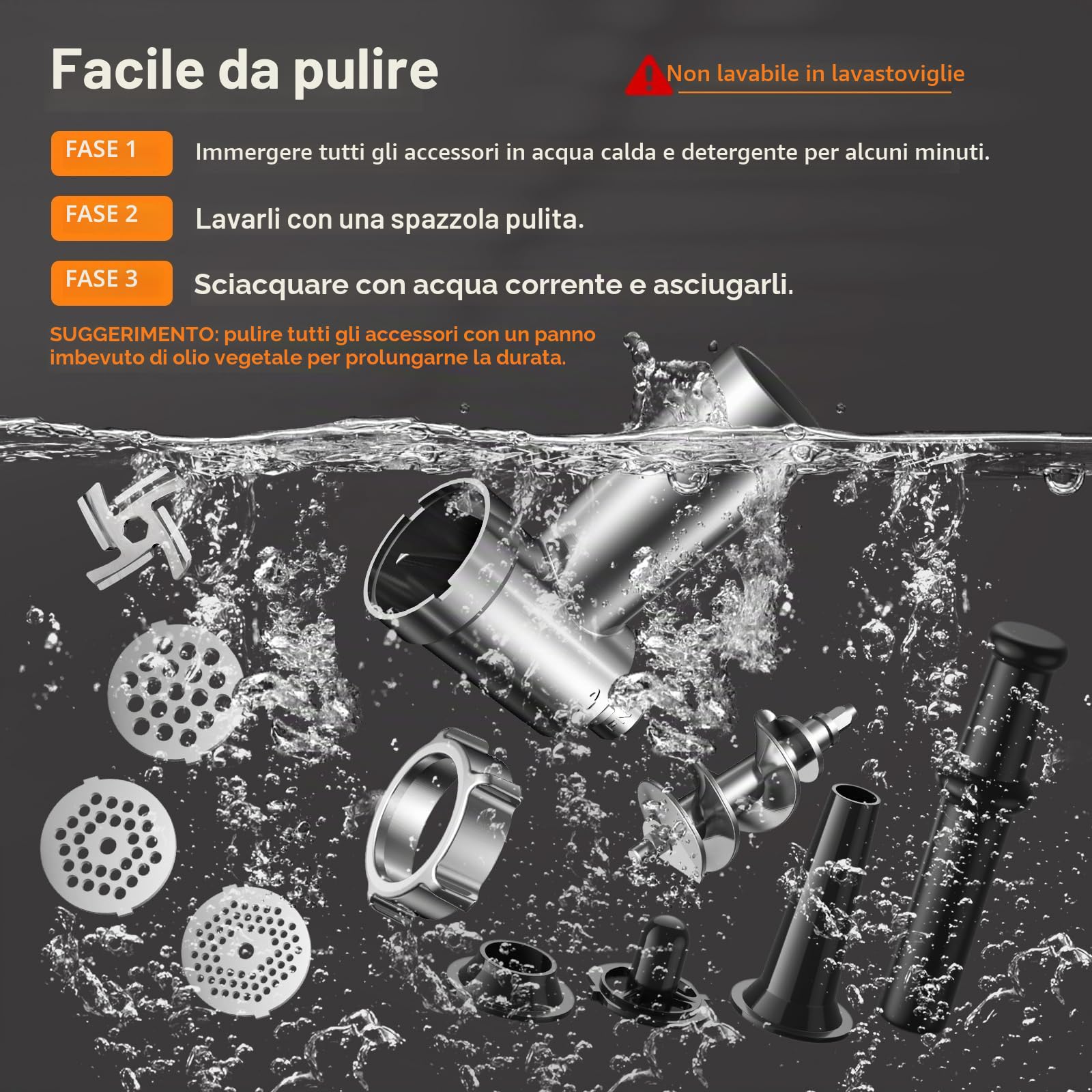 VINATO Tritacarne Elettrico, Accessorio per Salsicce CompactPower, 3 Dischi Perforati in Acciaio Inox (3, 5, 7mm), Manomentro, Accessorio per Kebbe