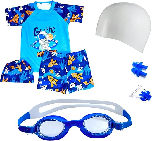 THE MORNING PLAY Morex Swimming Costume for Boys Girls Set with T-Shirt, Shorts Cap & Goggle Swimsuit Set Unisex