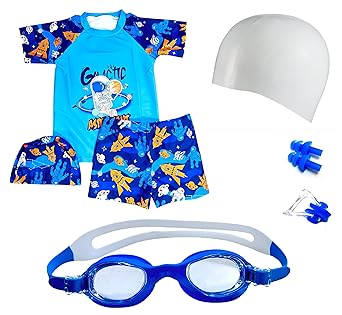 Morex Swimming Costume for Boys Girls Set with T-Shirt, Shorts Cap & Goggle Swimsuit Set Unisex
