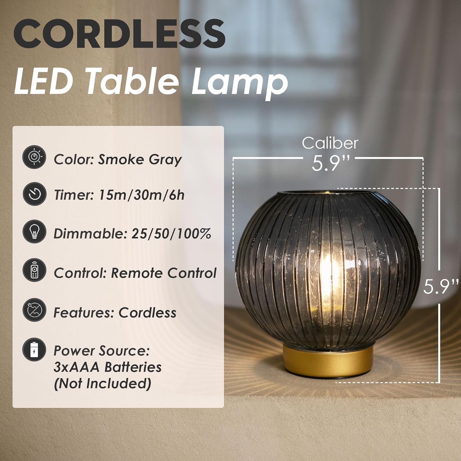 Battery Operated Lamp with Remote Control for Table Decor,Small Cordless Table Lamps with Timer&Replaceable LED Blub,Portable Decorative Lamp for Bedside/Entryway/bookshelf/bathroom/Corner Decor(Grey)