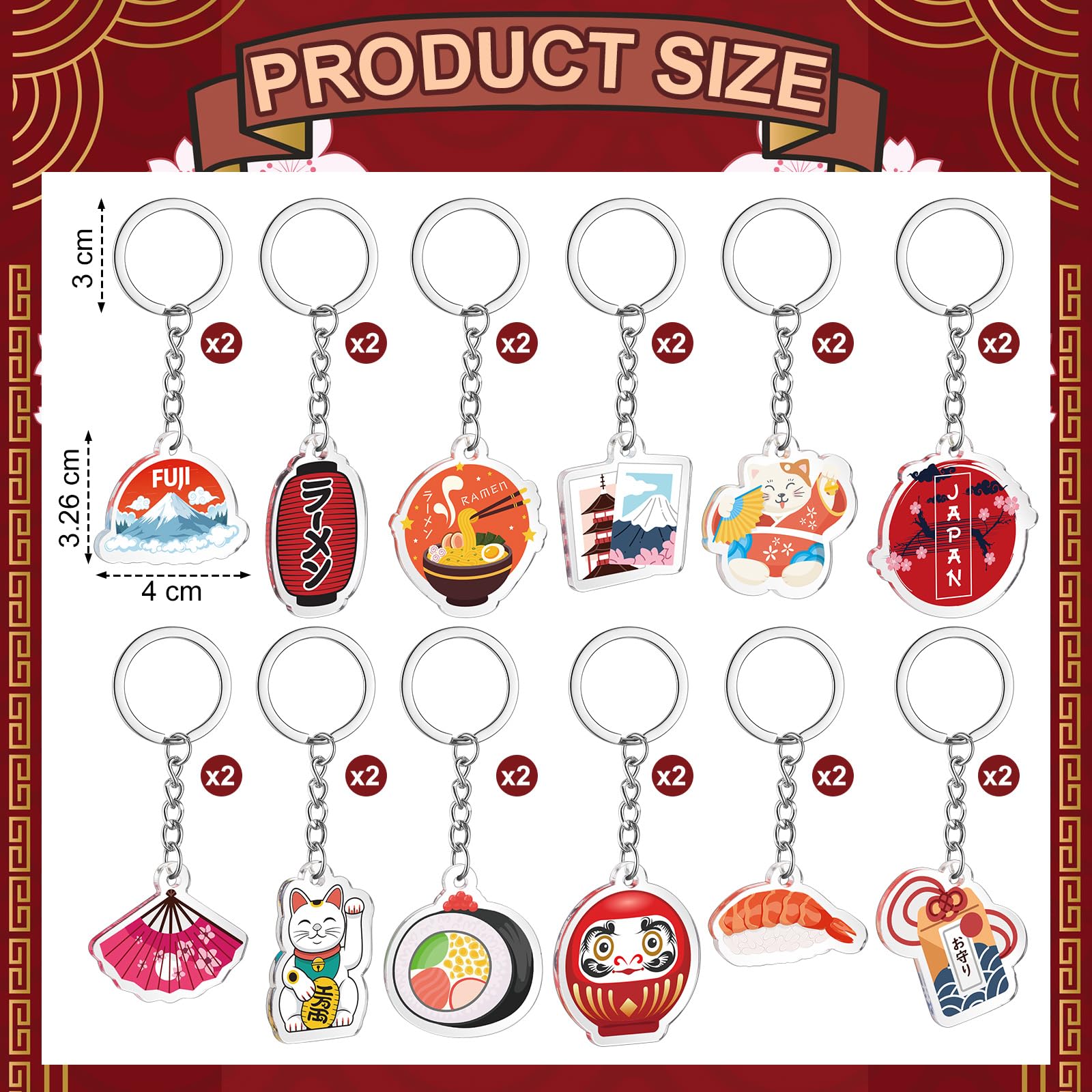 Misdary 24 Pcs Japanese Acrylic Keychains Japanese Souvenirs Travel Gift Sushi Lucky Keychain for Traveler Birthday Christmas Bachelorette Party Favors