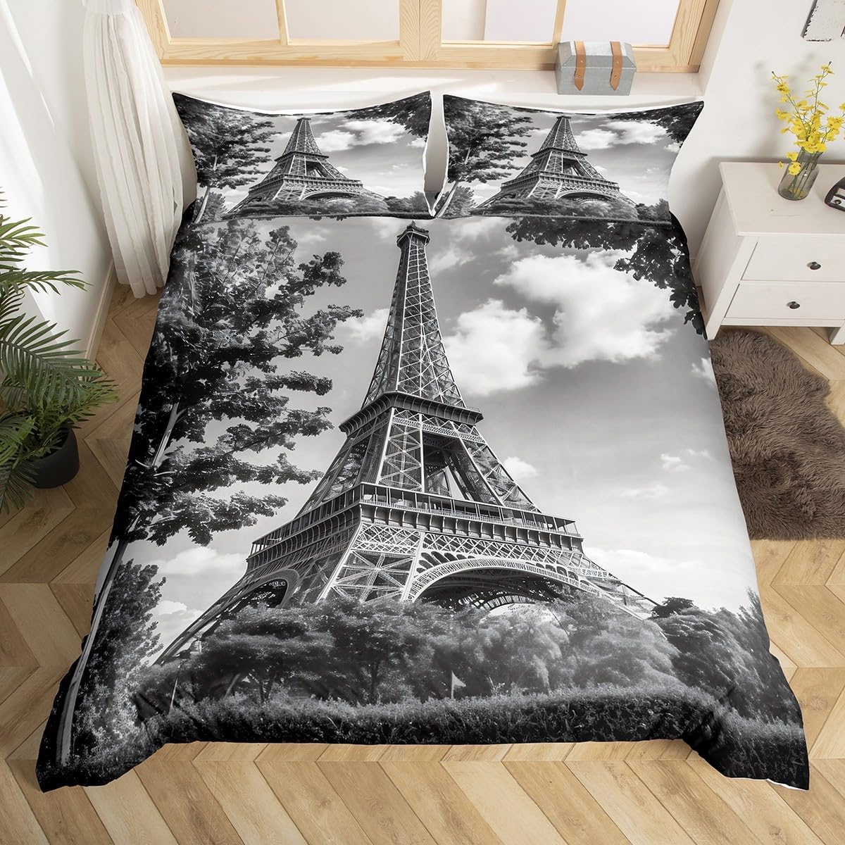 Feelyou Paris Comforter Cover Set Vintage Eiffel Tower Duvet Cover Set French Style Bedding Set 1 Duvet Cover + 2 Pillowcases Full Size image 3