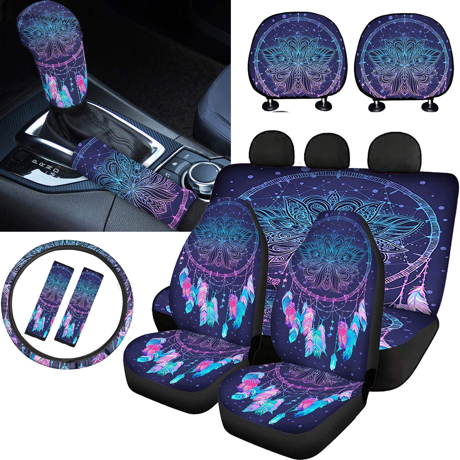 BIGCARJOB Lotus Mandala Auto Accessiores,Dreamcacther Print Fashion Car Protective Cover,Interior Protective Cover,Full Set of 11,Bohemian Style Seat Cover Set Easy Install