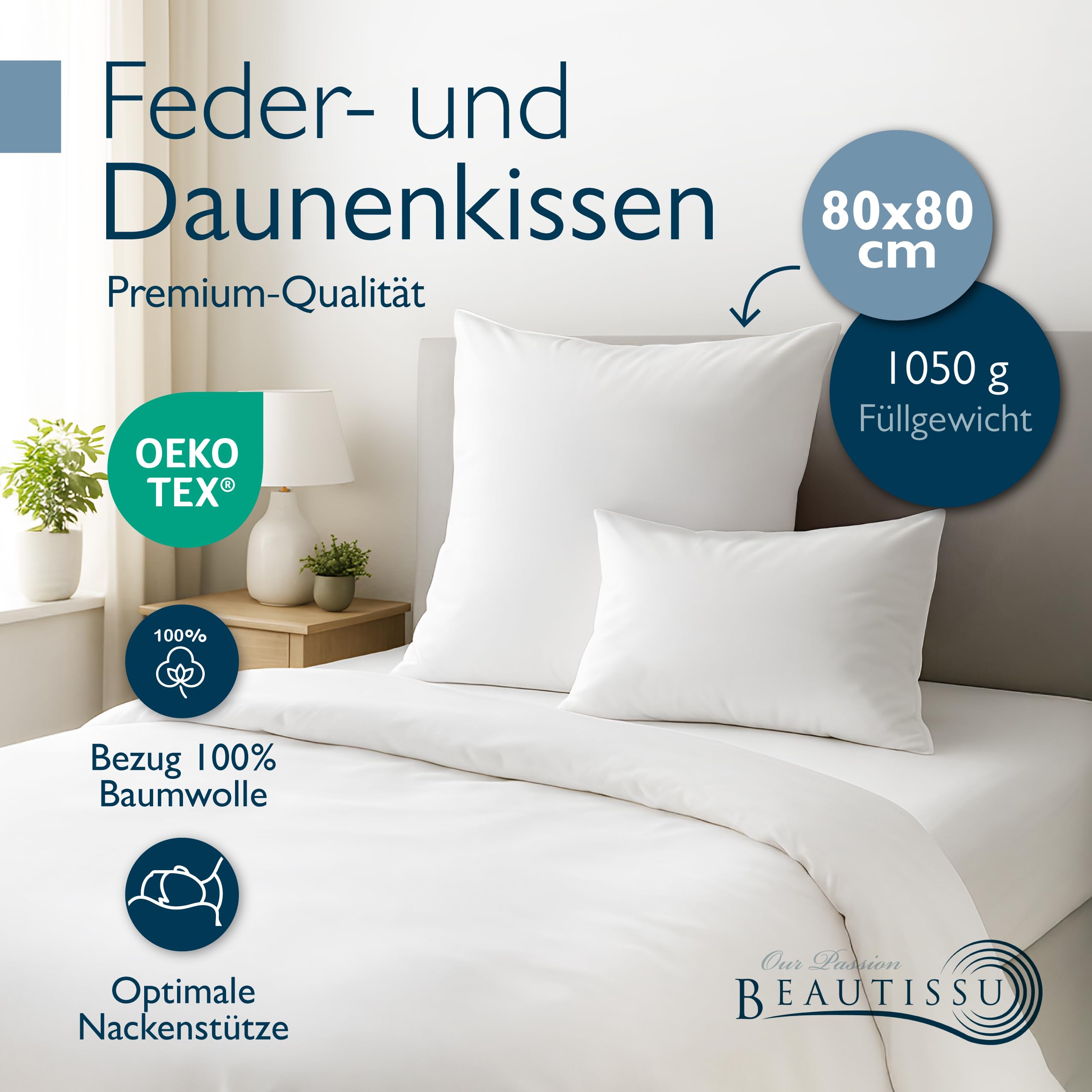 Daunenkissen 80x80 Cm Made In Germany - Federkissen Mit Downpass, Oeko-Tex & Nomite Zertifizierung