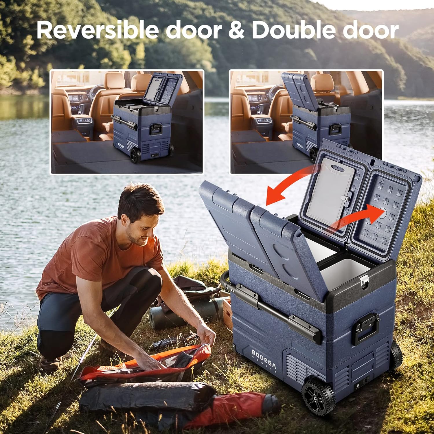 BODEGACOOLER 12 Volt Car Refrigerator,59 Quart (55L)12v Portable refrigerator,Car Fridge Freezer, -4℉-68 Car Cooler 12/24V DC and 100-240V AC for RV, Camping,Travel,Dual Zone With APP Control(2 Doors)