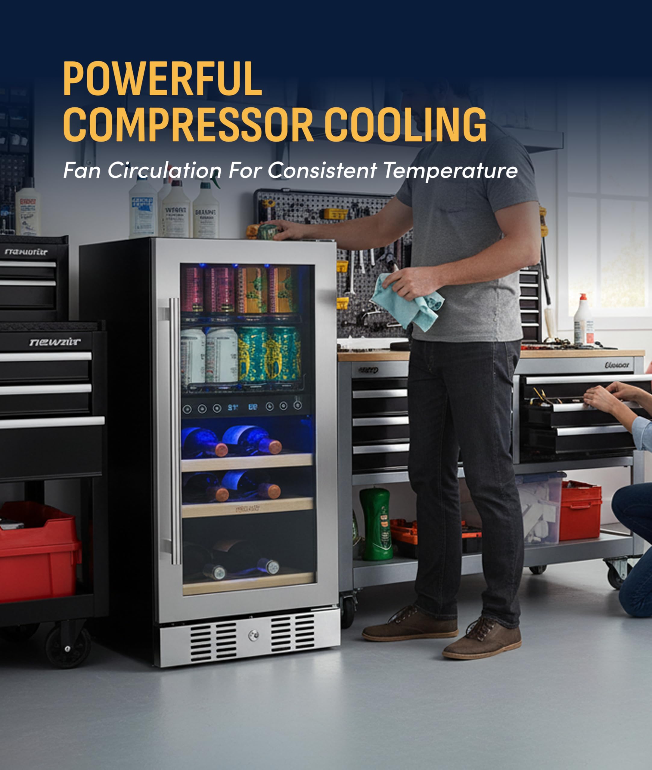 NewAir 15" Dual Zone Beverage Refrigerator & Wine Cooler For 9 Bottles & 48 Cans | Freestanding Or Built-In Under Counter Mini Fridge For Beer, Wine And Soda | Stainless Steel on Fridge.com - View 6