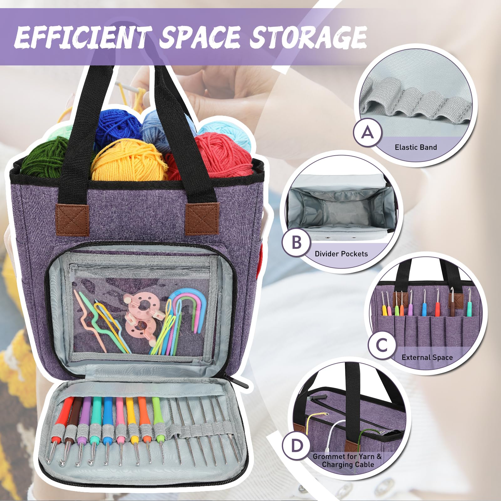 Bolsa de Crochet para Labores de Tejer, una Bolsa para el Kit de Ganchillo y Pelotas de Lana, Bolsa Individual sin Accesorios (Morado)