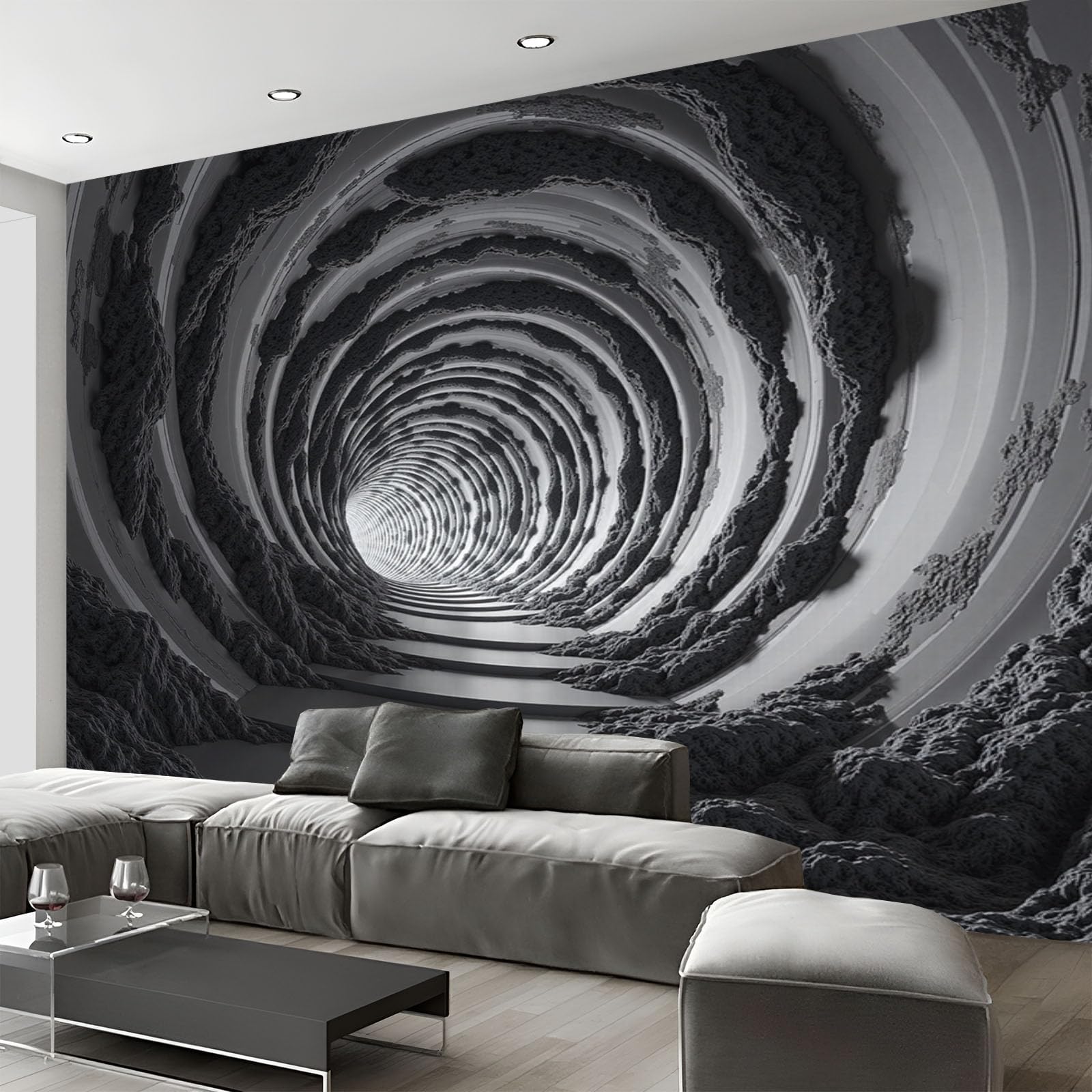 Carta Da Parati 3D Fotomurale Tunnel A Spirale 3D Illusione Visiva Fotografica Design Nero Per Pareti Camera Soggiorno Divano Tv Hotel Corridoio Sfondo Dipinto Murale 200X140Cm