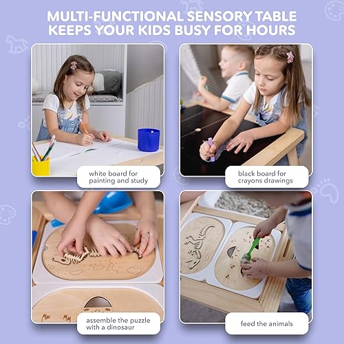 Miniatura 4 de Cateam Mesa sensorial para niños y niños pequeños  3 contenedores plegables  Insertos educativos de madera para rompecabezas  Mesa de actividades de
