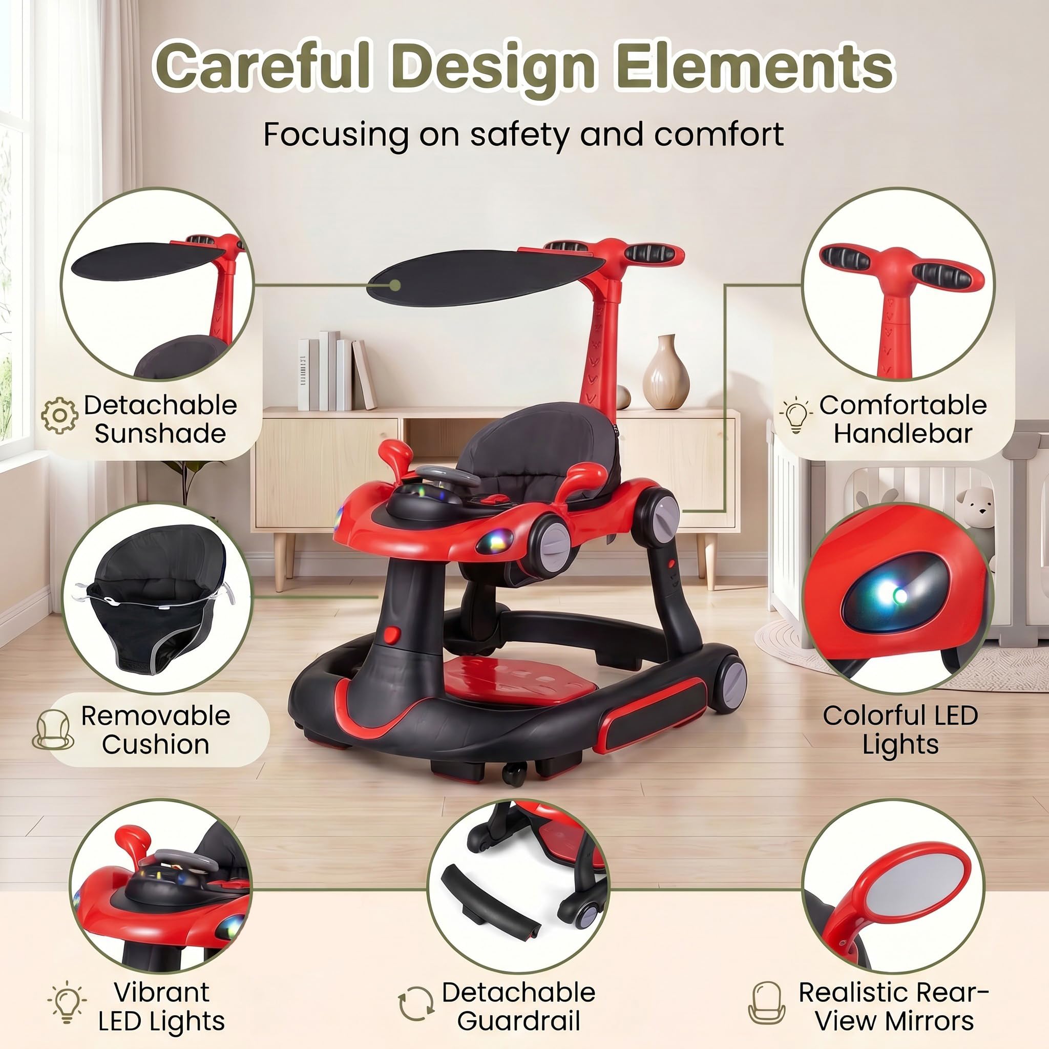 LIFEZEAL Lauflernwagen mit Sonnenschirm, 6-in-1 Lauflernhilfe Gehhilfe Baby mit Licht, Musik, Spielecenter & Tablett, Baby Walker mit einstellbarer Höhe & Geschwindigkeit, ab 7-18 Monate (Rot)