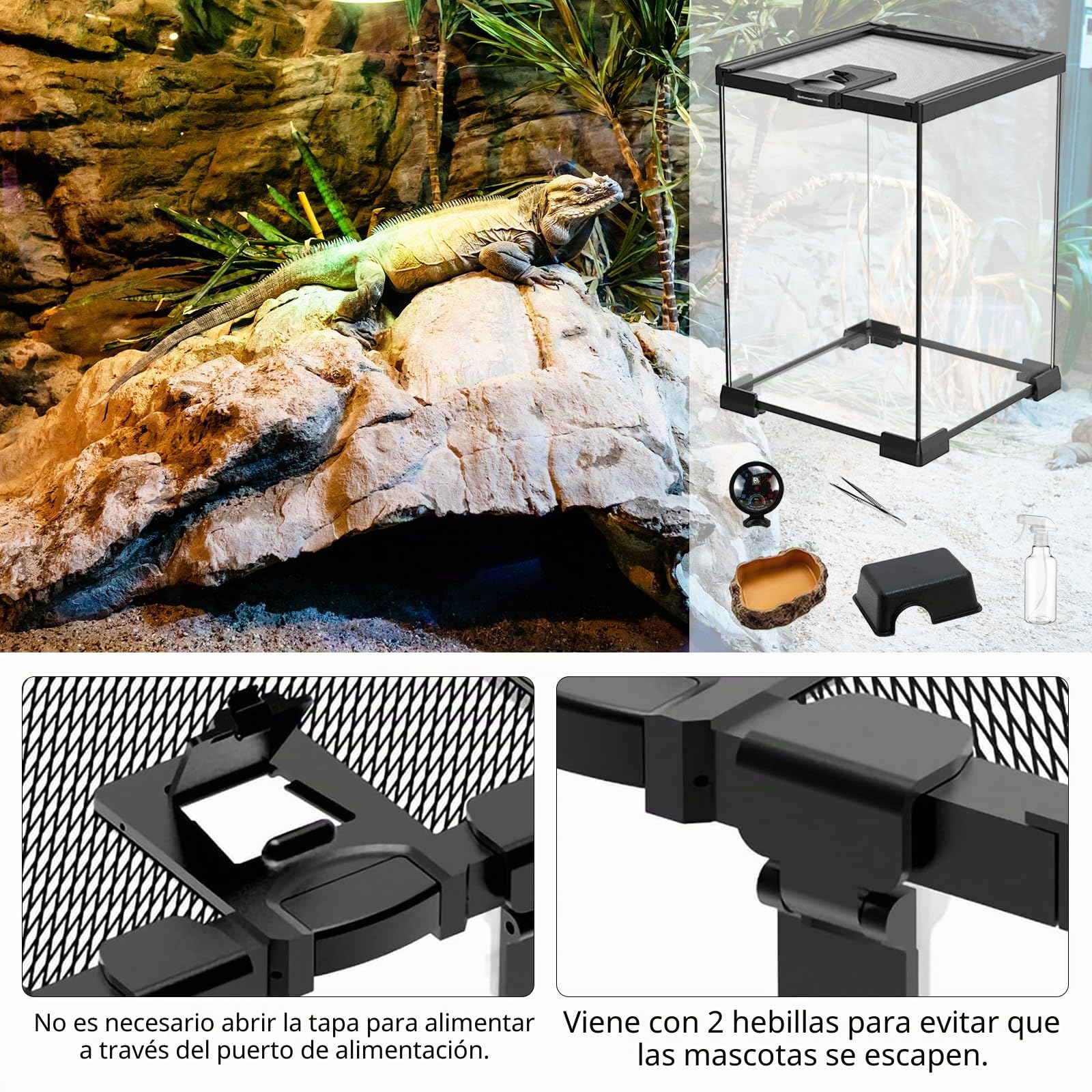 Set de Terrario, Terrario Reptiles de Vidrio de 20 x 20 x 30 cm Kit de Terrarios con Lámpara para Reptiles Termómetro Tanque Pequeño con Diseño de Piedras Comedero Pinzas y Regadera Pequeña