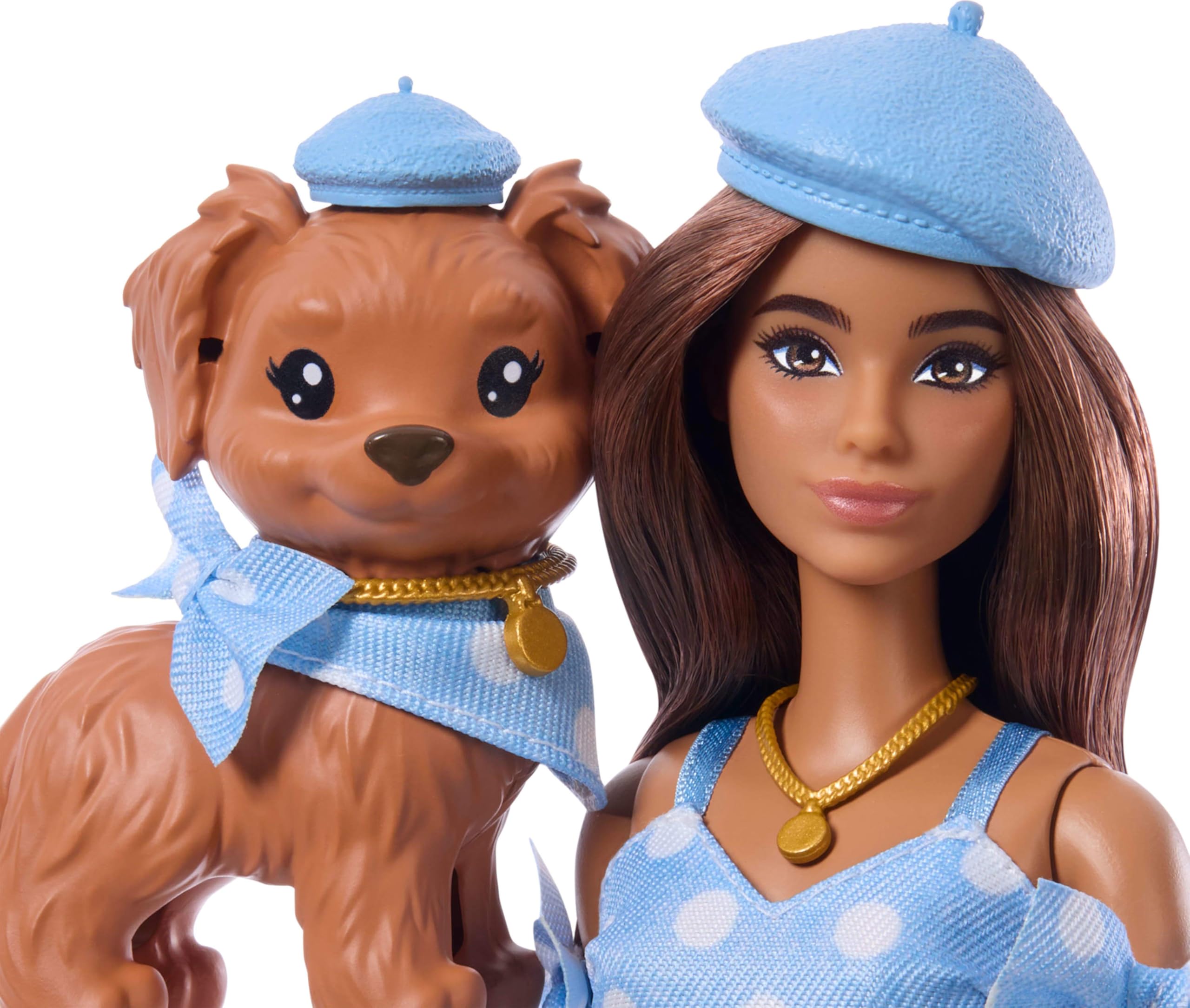 Barbie Twinning Looks Doll with Pet Dog in Matching Blue Polka Dot Clothes and Accessories for Both like Berets and Purses Brown Hair - Image 3