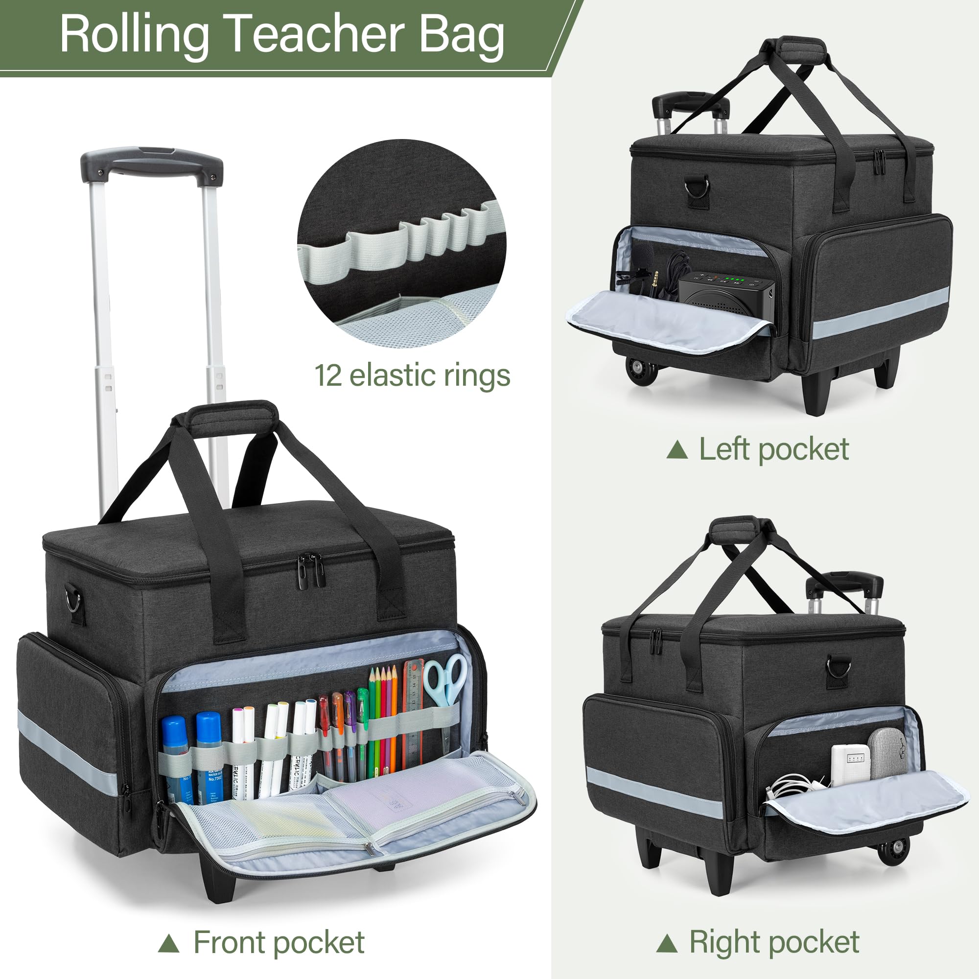 CURMIO Sac de Travail pour Enseignant, Mallettes à roulettes pour Ordinateur Portable 14'', Sacoche Trolley Multifonction pour l'enseignement, Le Bureau, l'artisanat, Noir