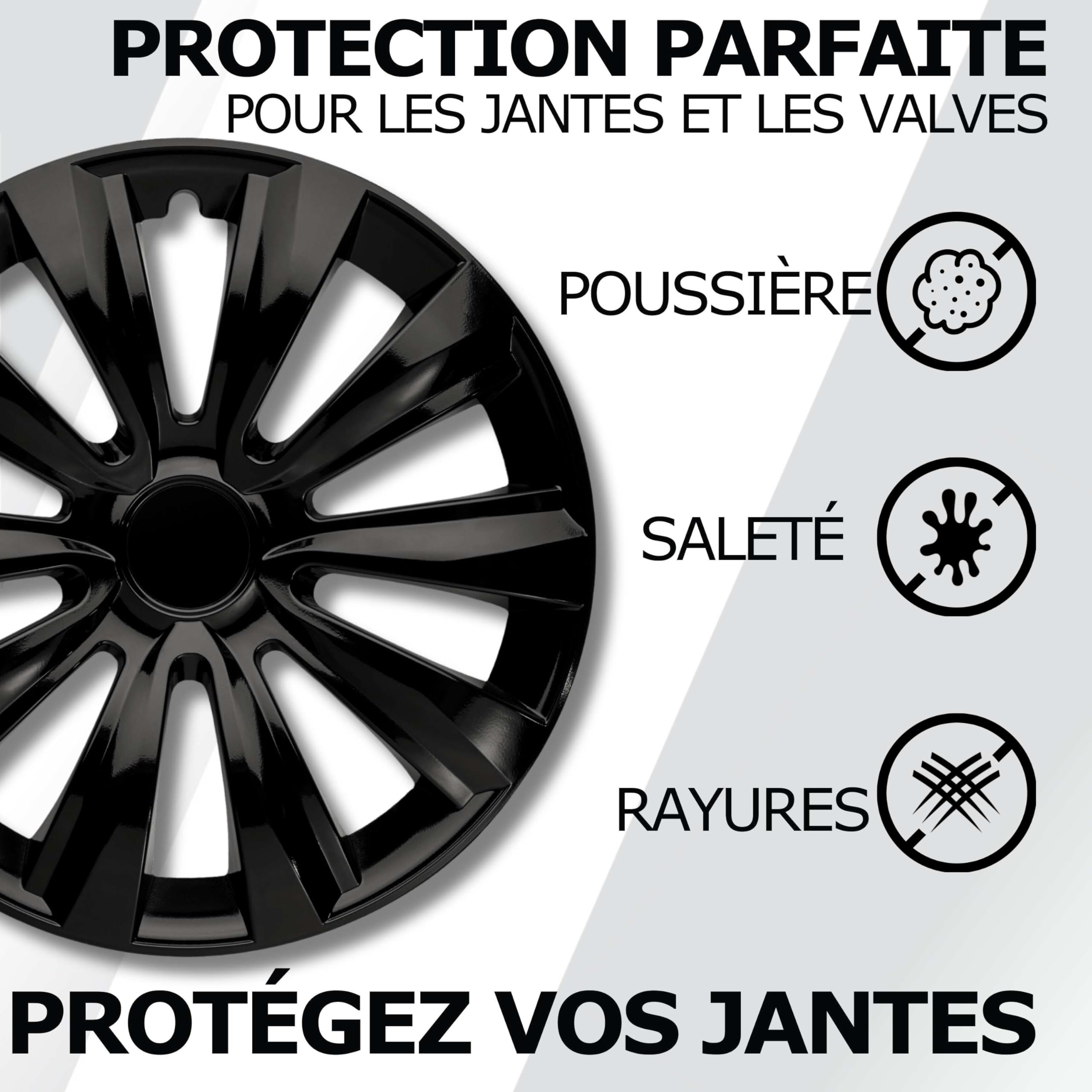 Enjoliveurs 16 Pouces Noir Brillant Lot de 4 – Design 10 Branches Universels, ABS Robuste, Look Sport Glossy, Plastique 100% Recyclé, Protection Jante/Valve – DeltaNos