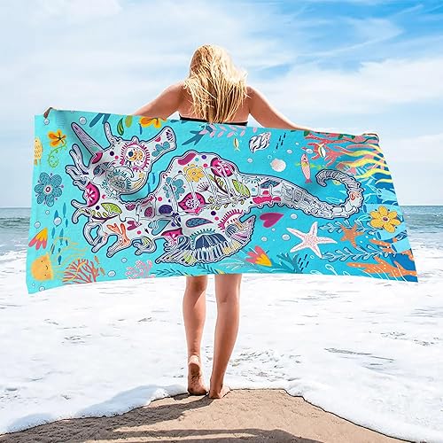 Bonsai Tree Toalla de playa con caballito de mar, toalla de baño de microfibra azul para mujer, toalla de viaje de secado rápido, regalo de