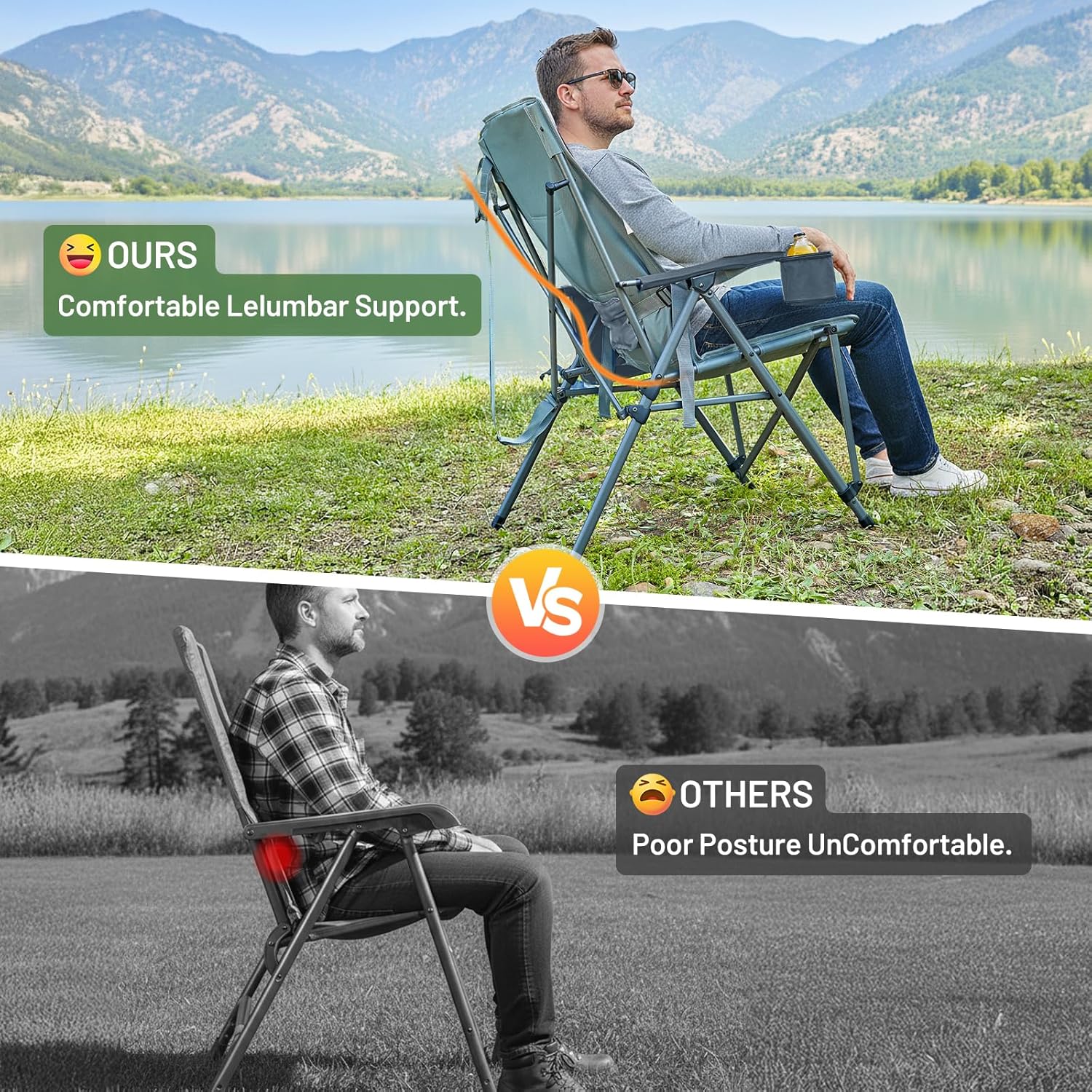 TIMBER RIDGE Oversized Camping Chair with Lumbar Support, Portable Folding Chair Heavy Duty for Adults Supports 450 LBS for Outdoor Camping Lawn, with High Back, Cup Holder, Side Pocket, Grey