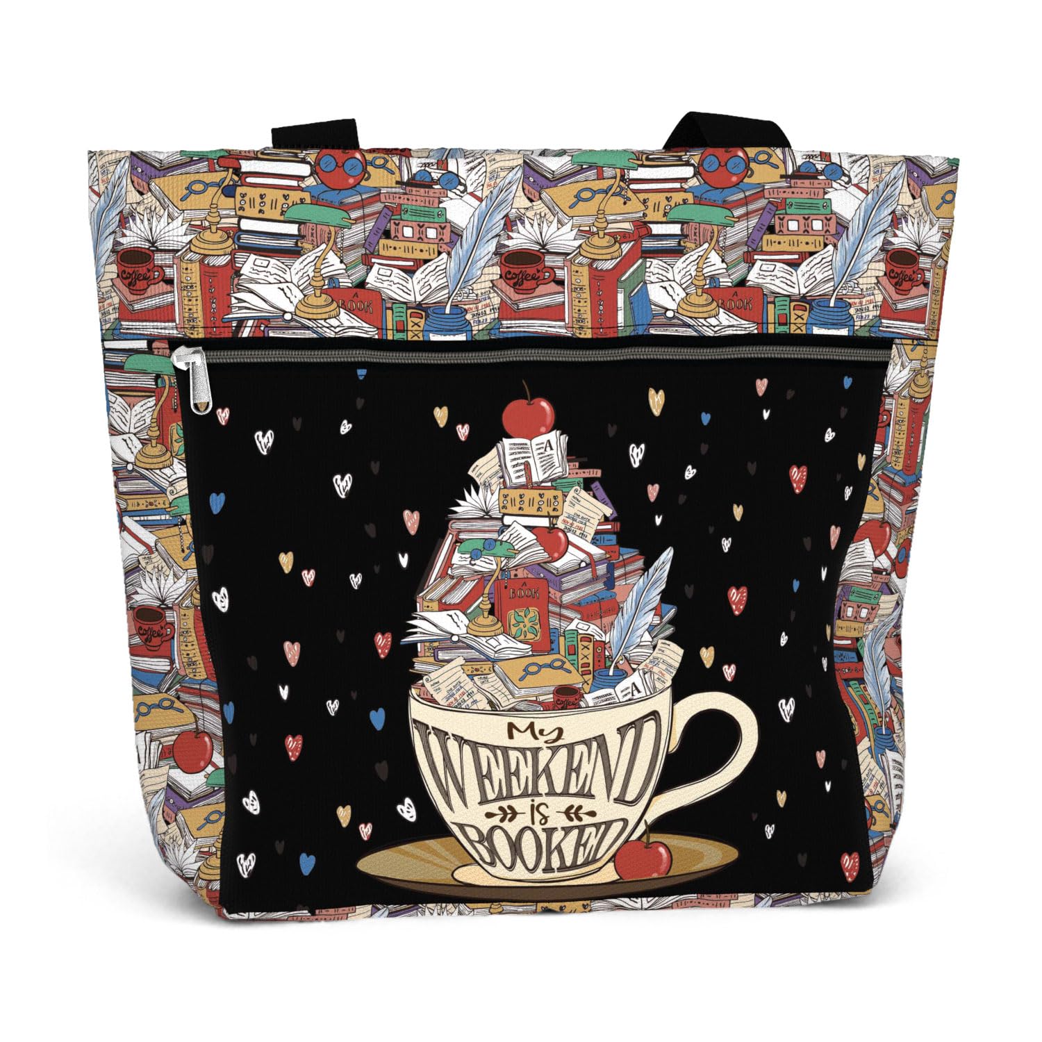 84hoods Waterproof Tote Bag with Pockets and Zipper for Work. Librarian Gift for Book Lovers. Shoulder Bag for Women.