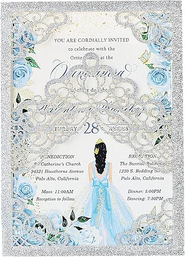 Hosmsua 50 invitaciones de quinceañera con purpurina plateada personalizada de 5.1 x 7.3 pulgadas, corte láser, corona floral, bolsillo, tarjetas de
