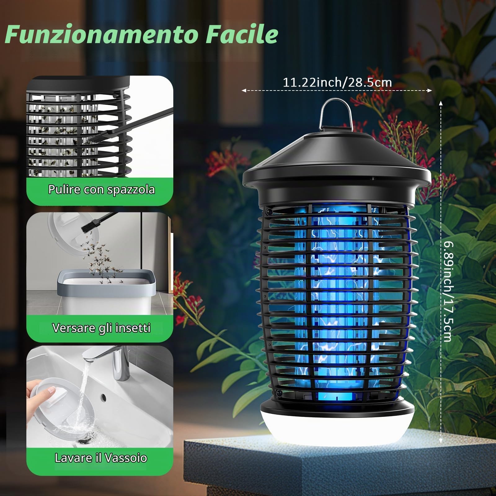 PALONE Lampada Elettrica Antizanzare 4500V, Lampada Insetticida per Insetti Volanti con Luce UV 20W e LED 9W, Cavo 1 M per Interni/Esterni - Ecologico per Cucina e Giardino