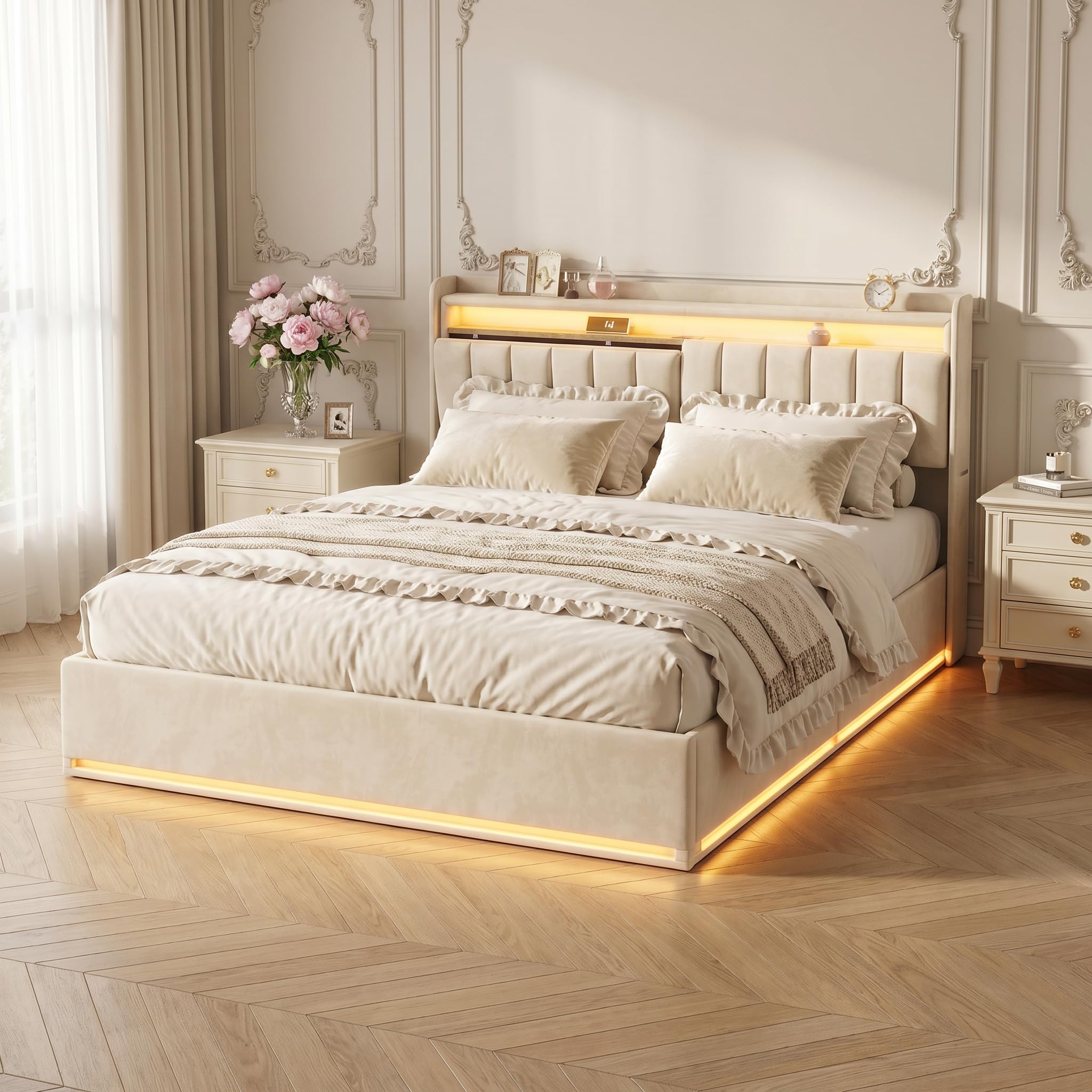 Letto matrimoniale 160 x 200 con luci a LED, letto imbottito con stoccaggio e caricatore letto con USB e luce LED telaio per letto idraulico con testiera in velluto (B velluto beige, 160 x 200 cm)