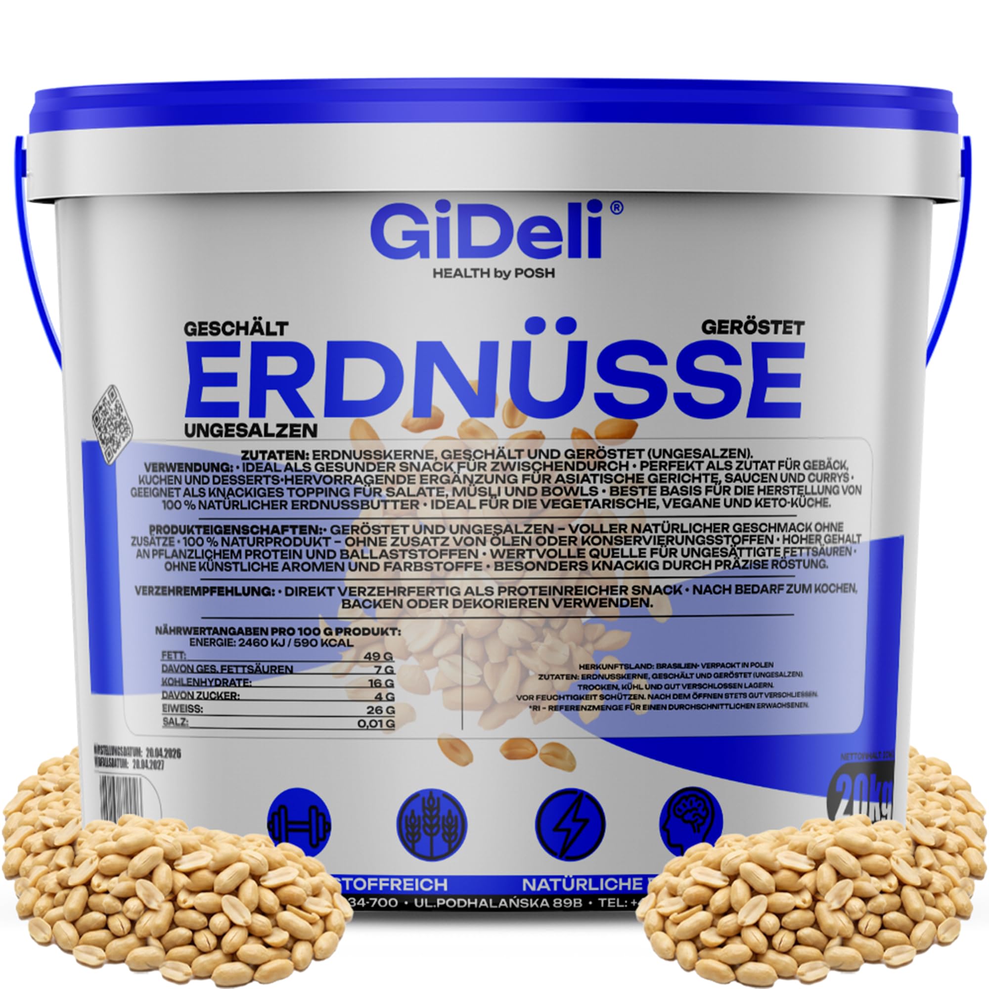 GiDeli Erdnüsse Geröstet ohne Salz und Öl 20kg im Eimer - Großpackung ungesalzener naturbelassener