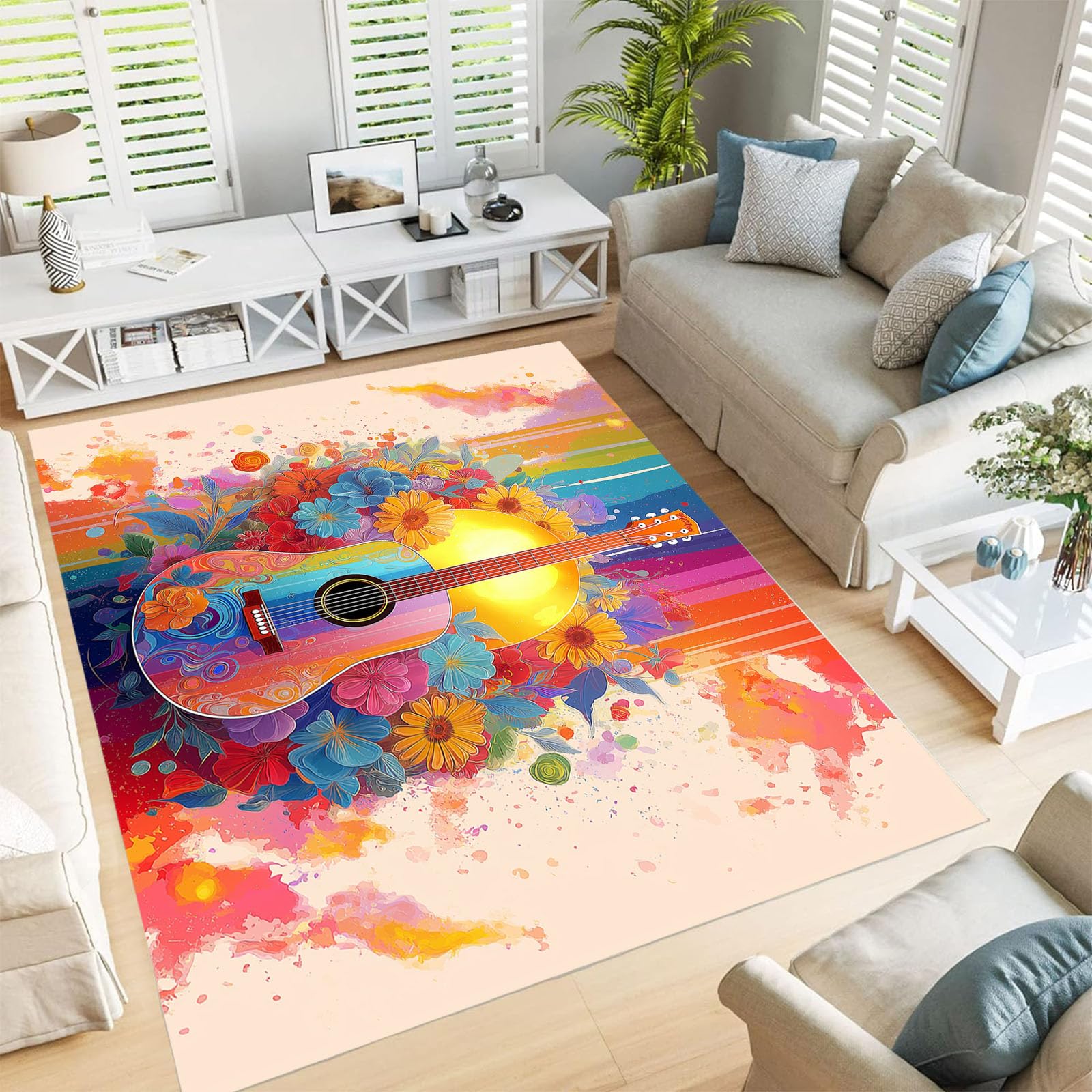 Tapis à poils courts lavable et antidérapant motif guitare