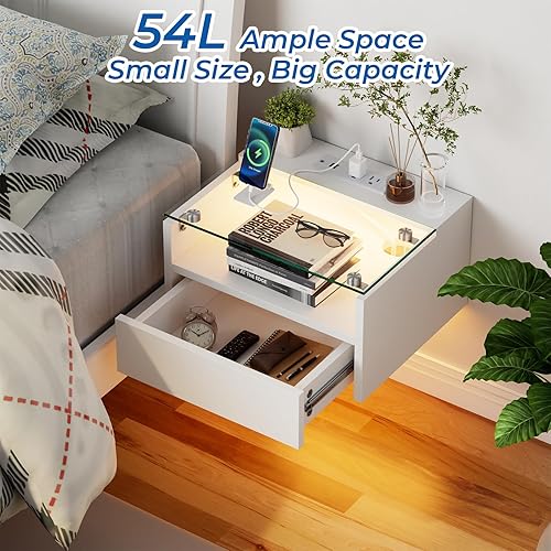 Miniatura 3 de yacchi home Juego de 2 mesitas de noche flotantes con estación de carga y LED, mesita de noche para sala de estar, pared de entrada, mesita de noche