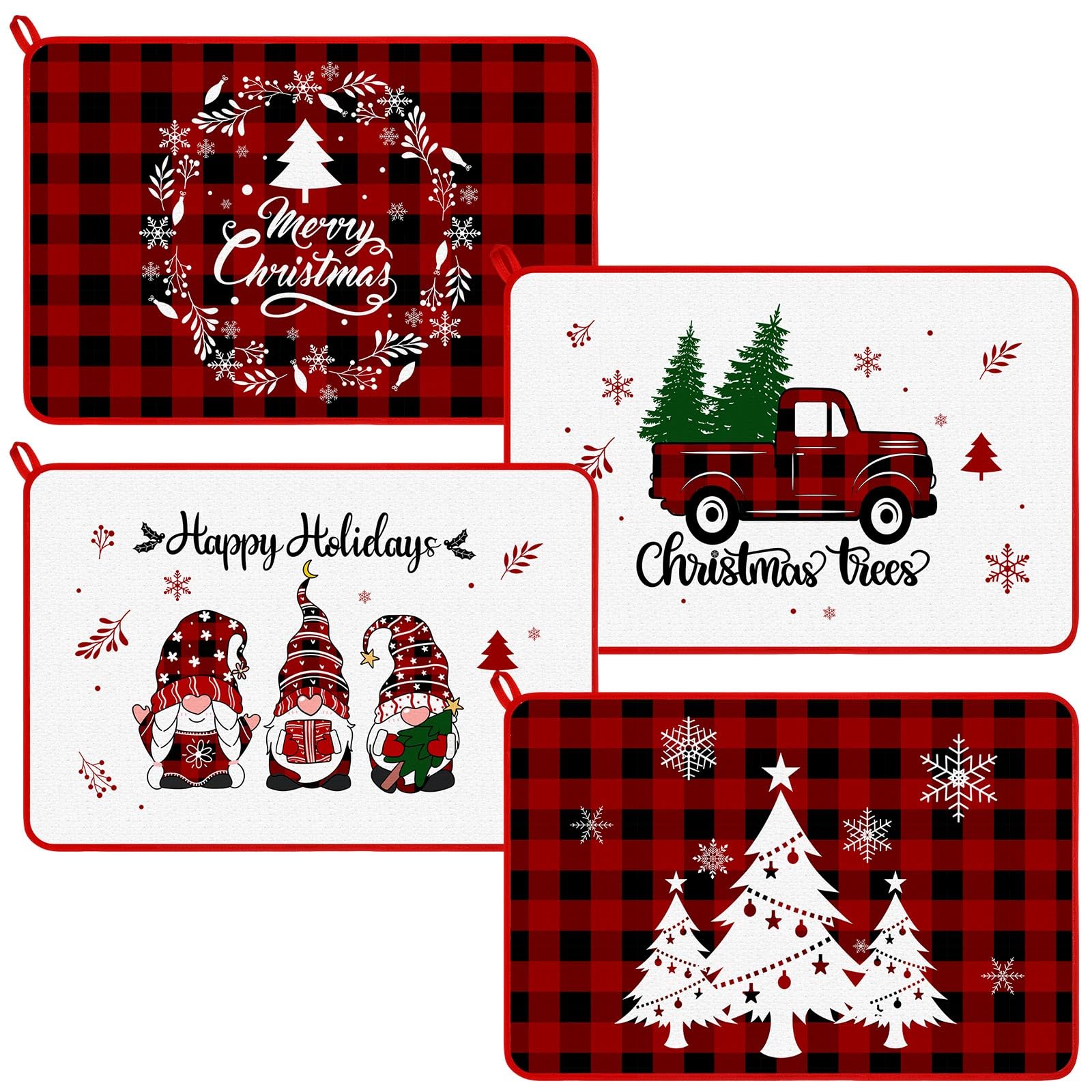 Zonon 4 Pcs Christmas Tree Dish Drying Mat for Kitchen Counter 16 x 24 Christmas Truck Microfiber Absorbent Dish Drainer Rack Pads Buffalo Paid Gnome Dishes Fast Dry Dish Mat Xmas Vintage Kitchen