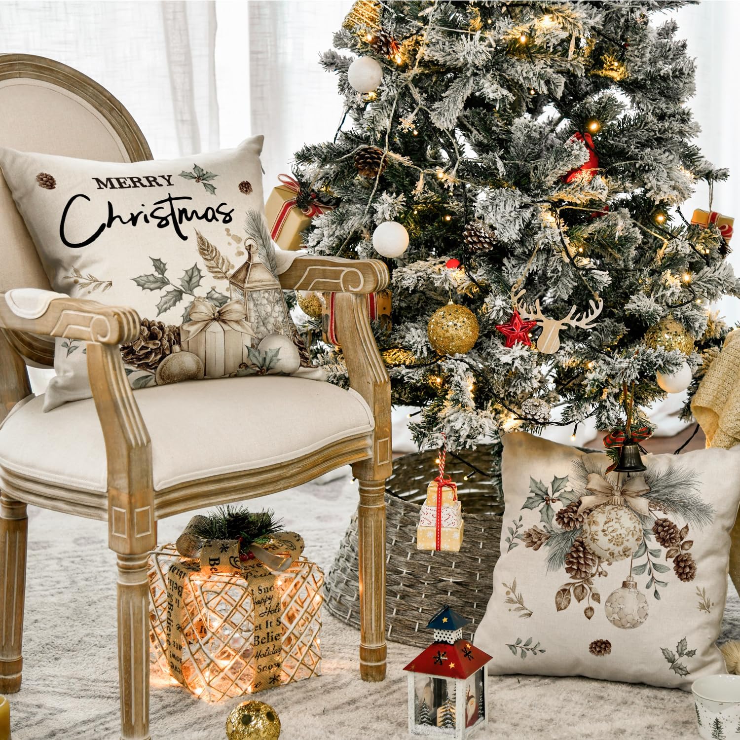 AVOIN colorlife Merry Christmas Trees Pine Needle Pinecone Throw Pillow Covers, 18 x 18 Inch Xmas Balls Hello Winter Holiday Cushion Case Decoration for Sofa Couch Set of 4