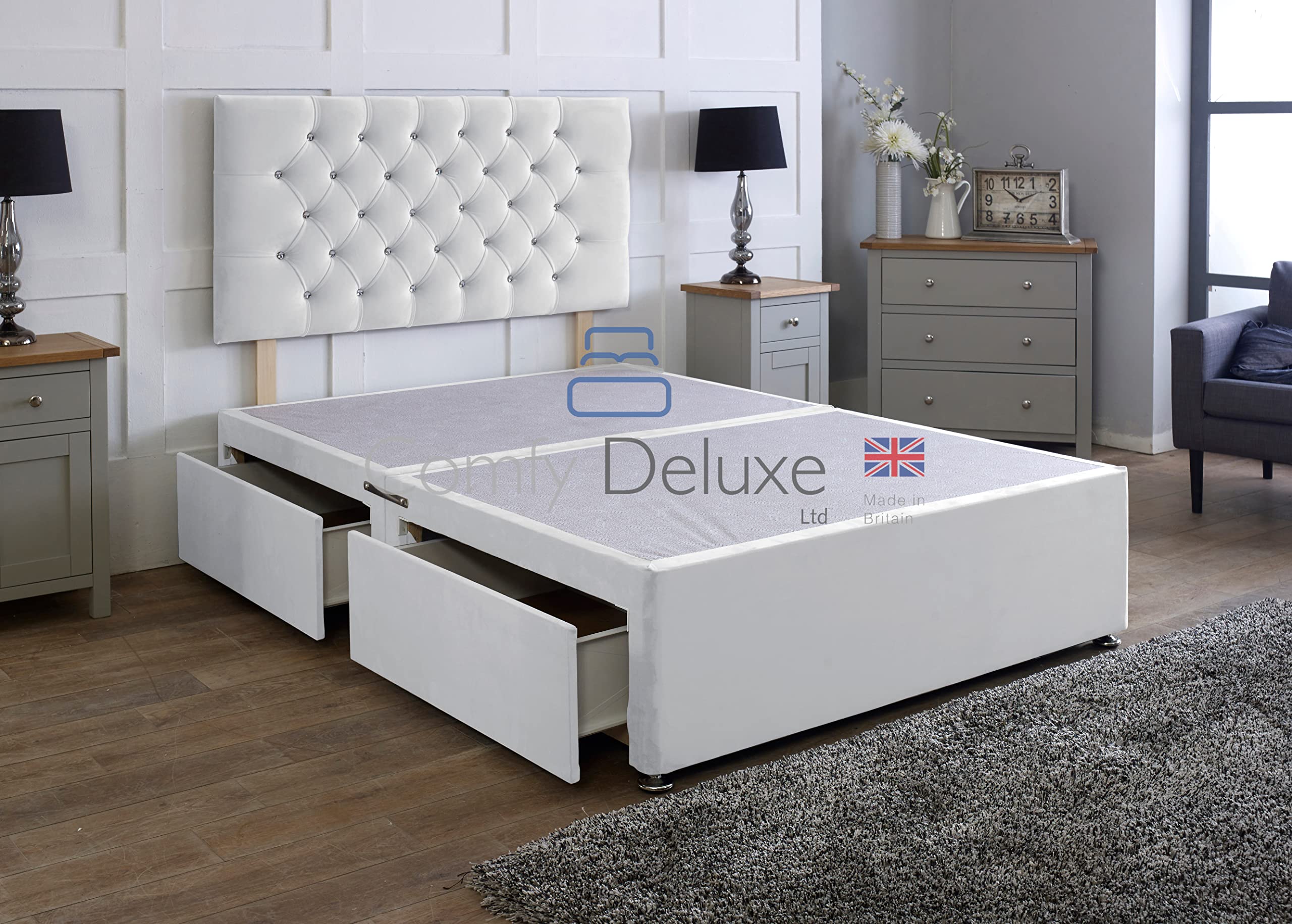 Comfy Deluxe LTD Divan Bed Base - 3FT Single, White | Plush Velvet Bed Frame with 26 Inch Chesterfield Headboard | No Mattress Included | No Storage | UK Made