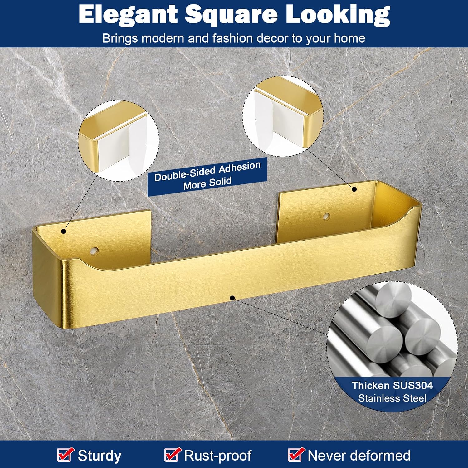 NearMoon Self Adhesive Hand Towel Holder/Towel Ring, Stainless Steel Hand Towel Bar Rustproof Stick on Wall-Towel Rack for Bathroom/Kitchen, Square Sticky and Wall Mounted (9 Inch, Brushed Gold) image 3