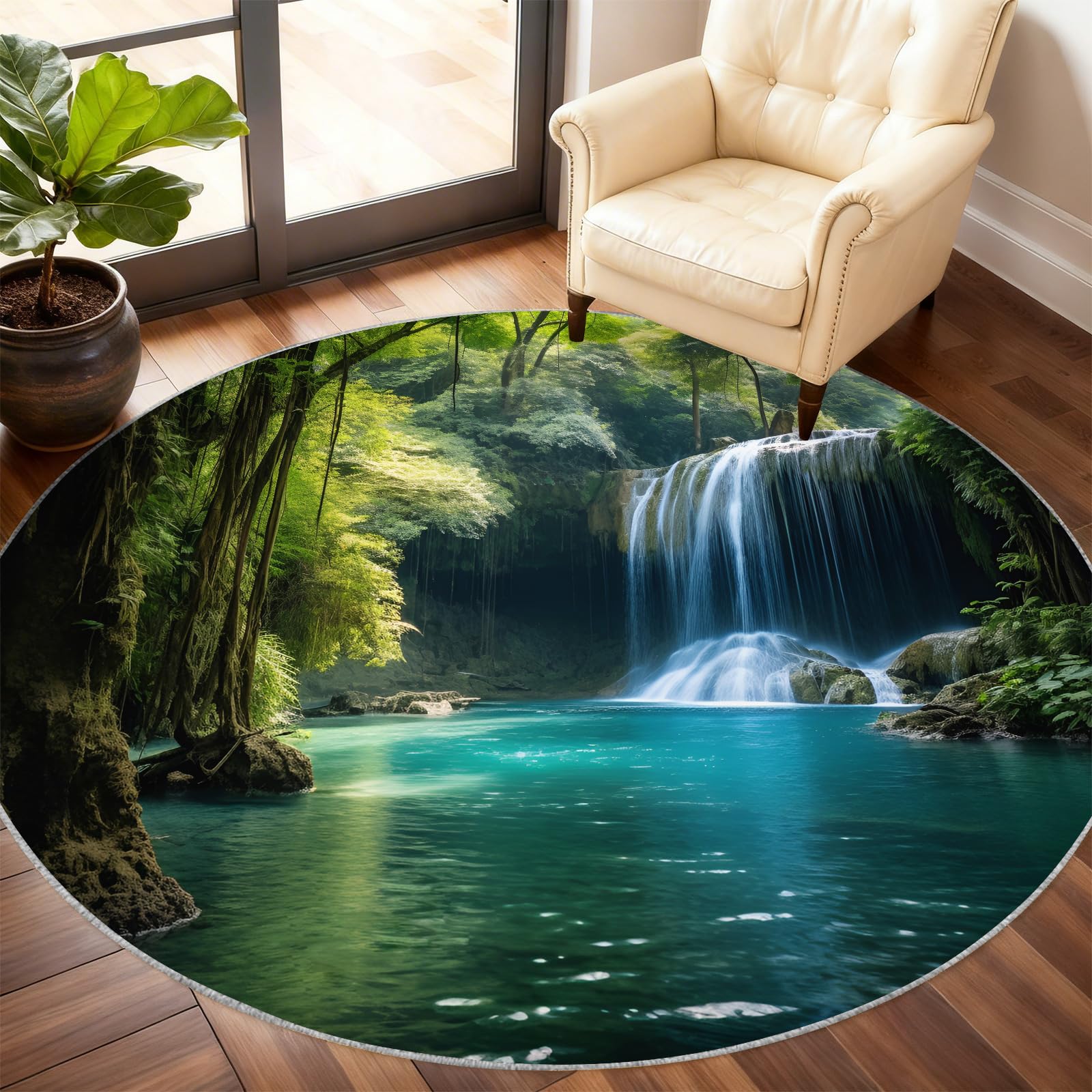 Tapis rond naturel paysage cascade pour sécuriser et sublimer votre salle à manger