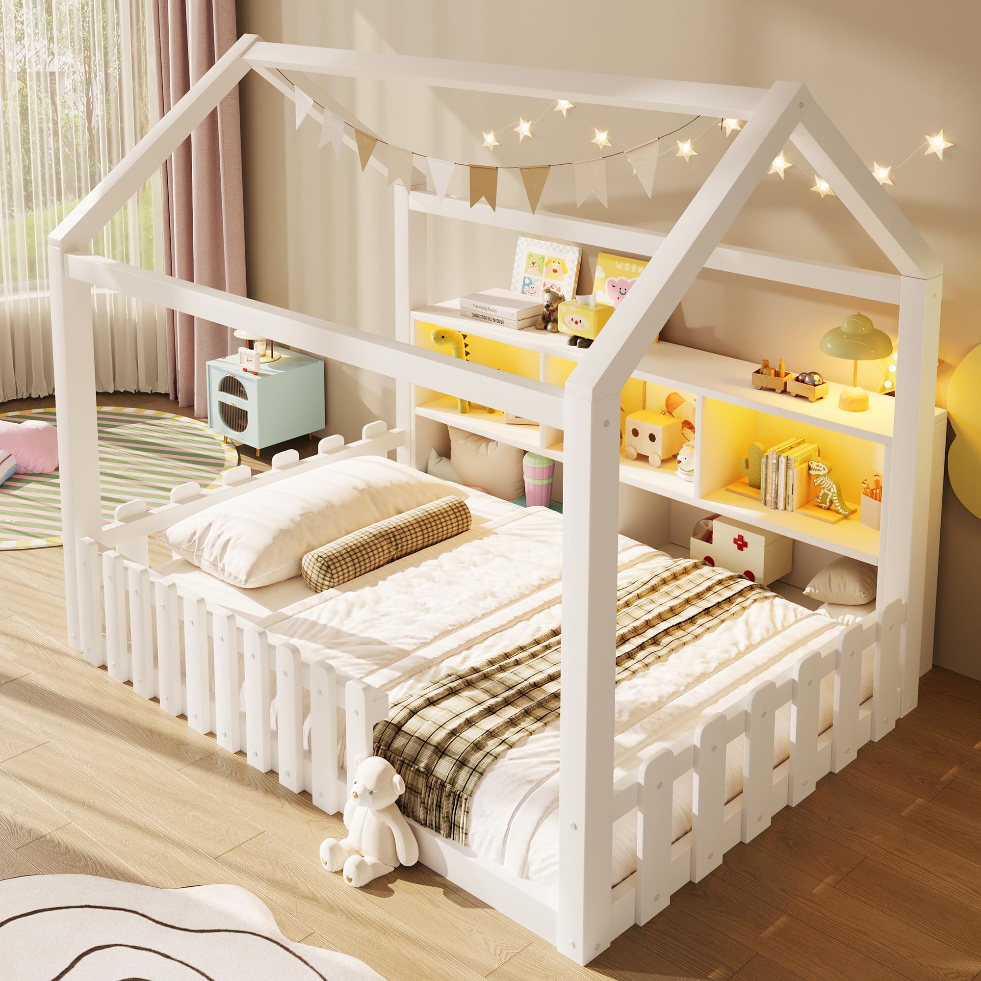 Lit cabane Enfants 90x190 cm avec LED,lit Enfant avec Barriere,lit Enfant cabane lit au Sol Enfant,Compartiments de Rangement Ouverts, Design Maison,Bande de Maison,Bois de pin,Blanc