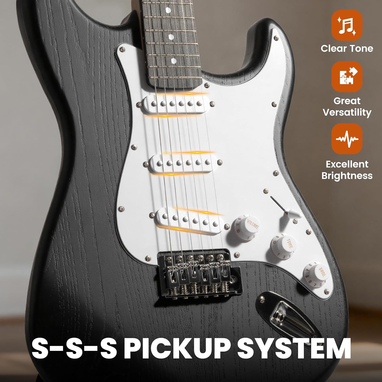 CAHAYA Electric Guitar for Beginner 39”: Solid Body Electric Guitars with SSS Pickups Beginner Guitar Kit with Gig Bag Audio Cable CST90 Matte Finish Black