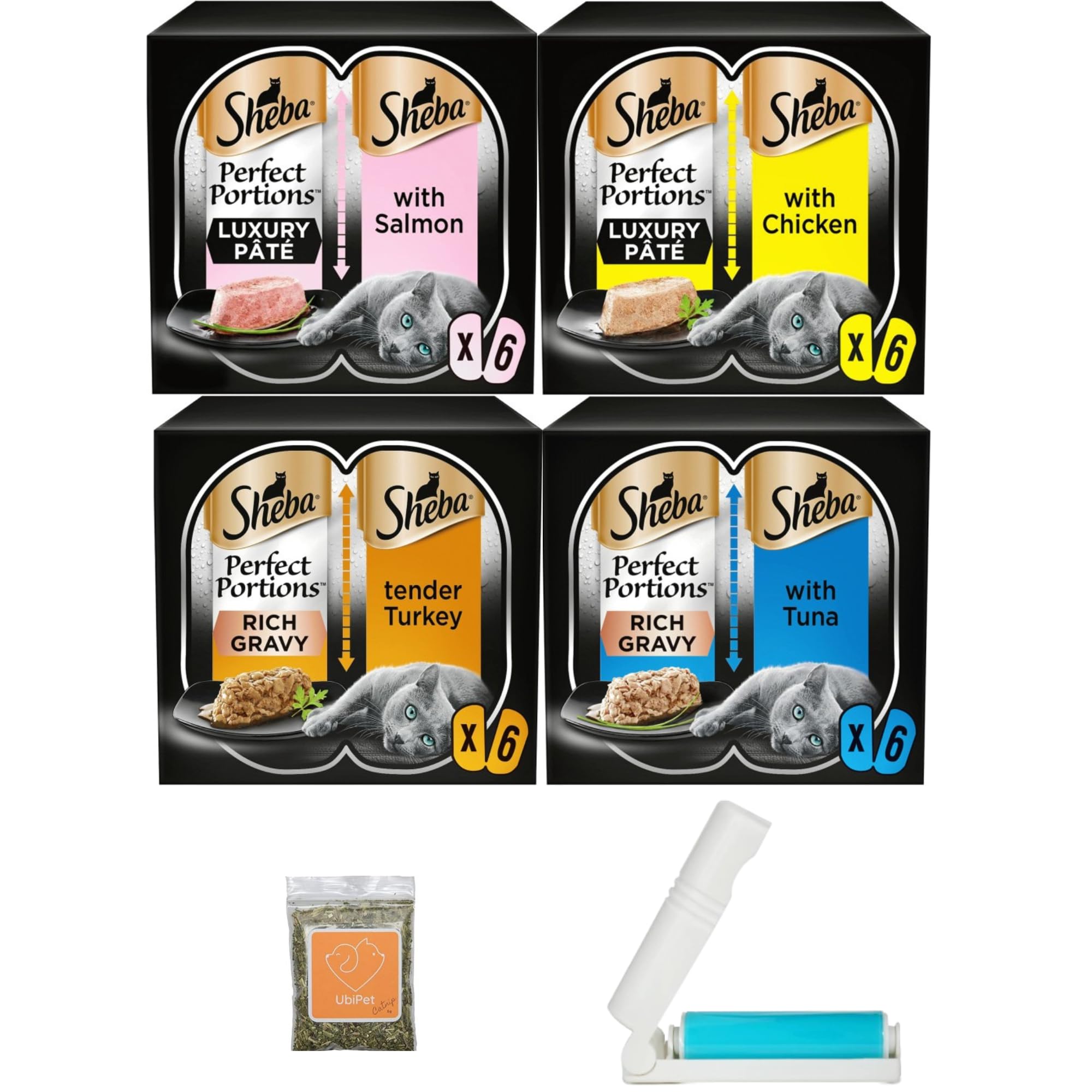Wet Cat Food Bundle with Pate Perfect Portions - Chicken, Beef, Salmon, Tuna - Total pack of 4 plus 1x UbiPet Catnip and Lint Roller