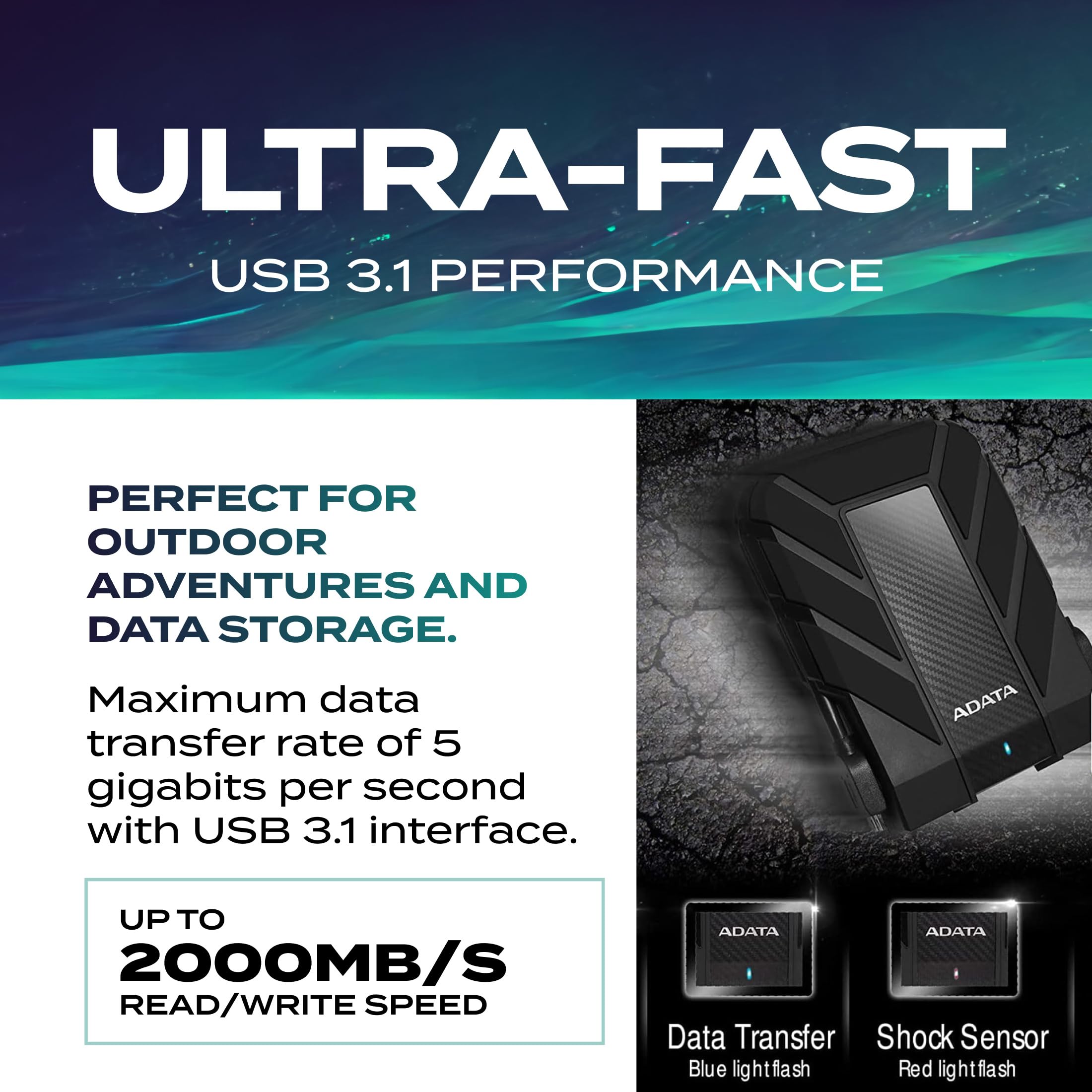 ADATA HD710 Pro - 2 TB External Hard Drive - Shockproof, Waterproof & Dustproof - Durable Storage - For Gamers, Students & Professionals - Mac, PC & Linux Compatible - Black - AHD710P-2TU31-CBK - 5