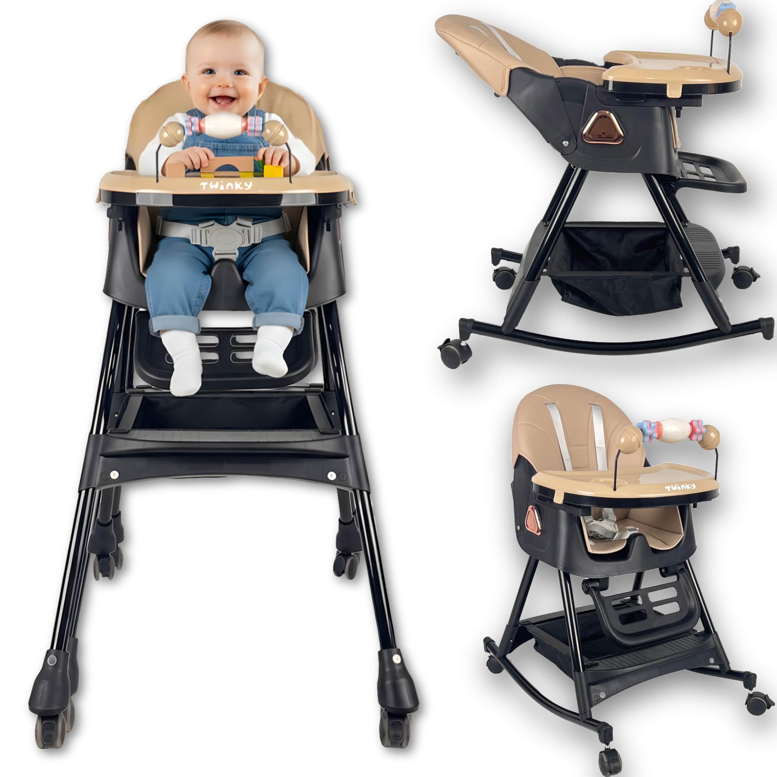 Twinky Hochstuhl Baby – Neuestes Modell, klappbarer Kinderhochstuhl mit verstellbarer Liegefunktion und Tisch, Geeignet ab 6 Monaten bis 4-5 Jahre - Farbe schwarz und beige